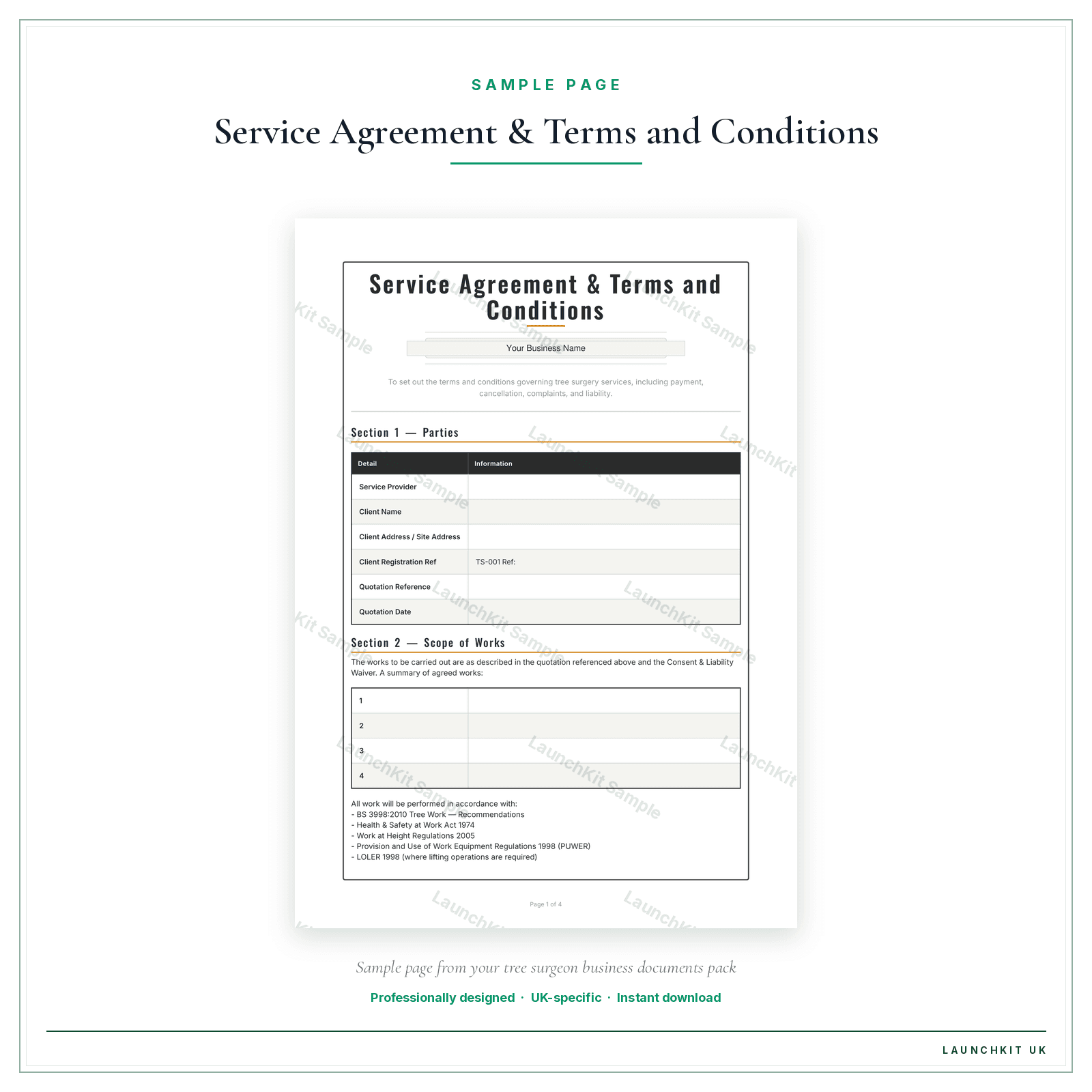 Service Agreement & Terms and Conditions sample page from the Tree Surgeon Business Documents — Standard pack — watermarked LaunchKit Sample