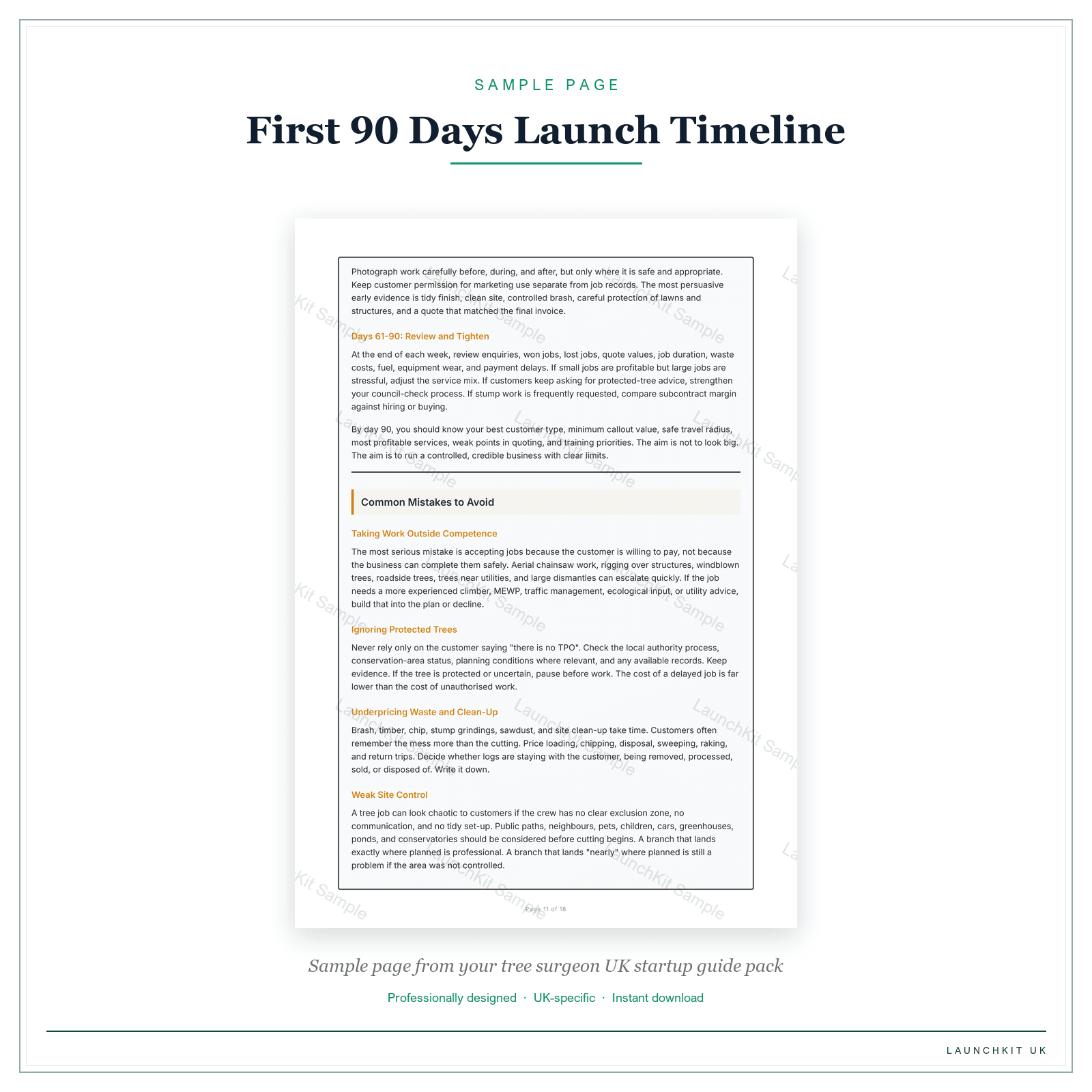 First 90 Days Launch Timeline sample page from the Tree Surgeon Startup Guide pack — watermarked LaunchKit Sample