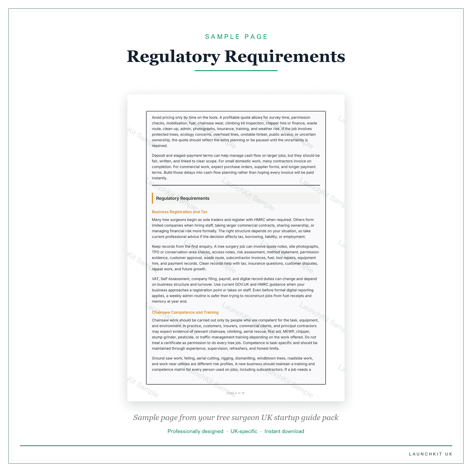 Regulatory Requirements sample page from the Tree Surgeon Startup Guide pack — watermarked LaunchKit Sample