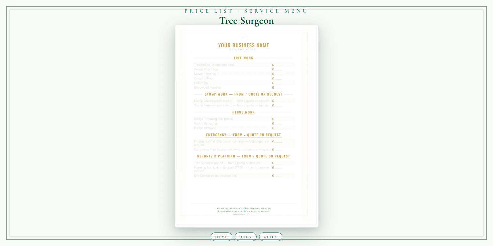Tree Surgeon — Price List & Service Menu, PDF product overview