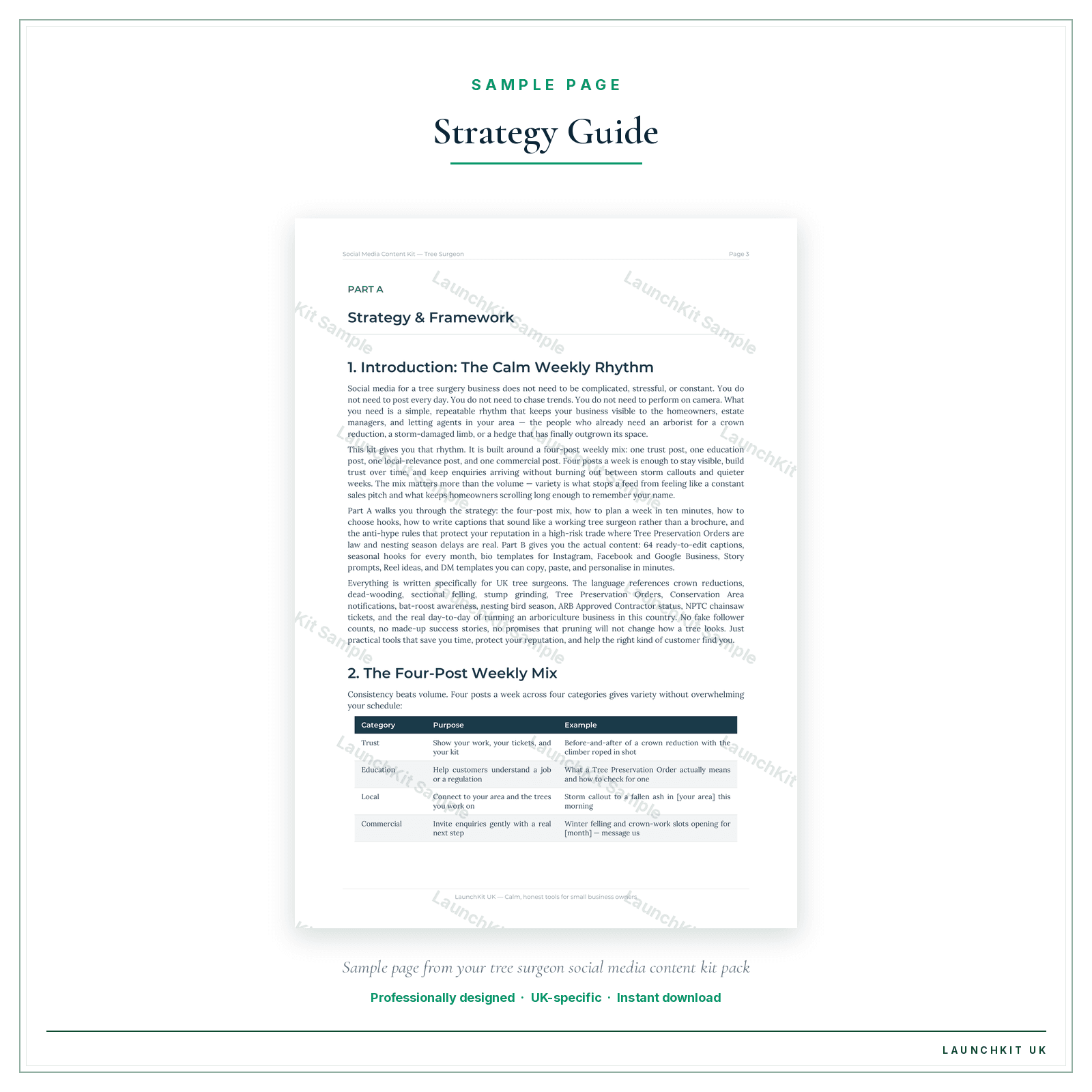 Strategy Guide sample page from the Tree Surgeon Social Media Content Kit pack — watermarked LaunchKit Sample
