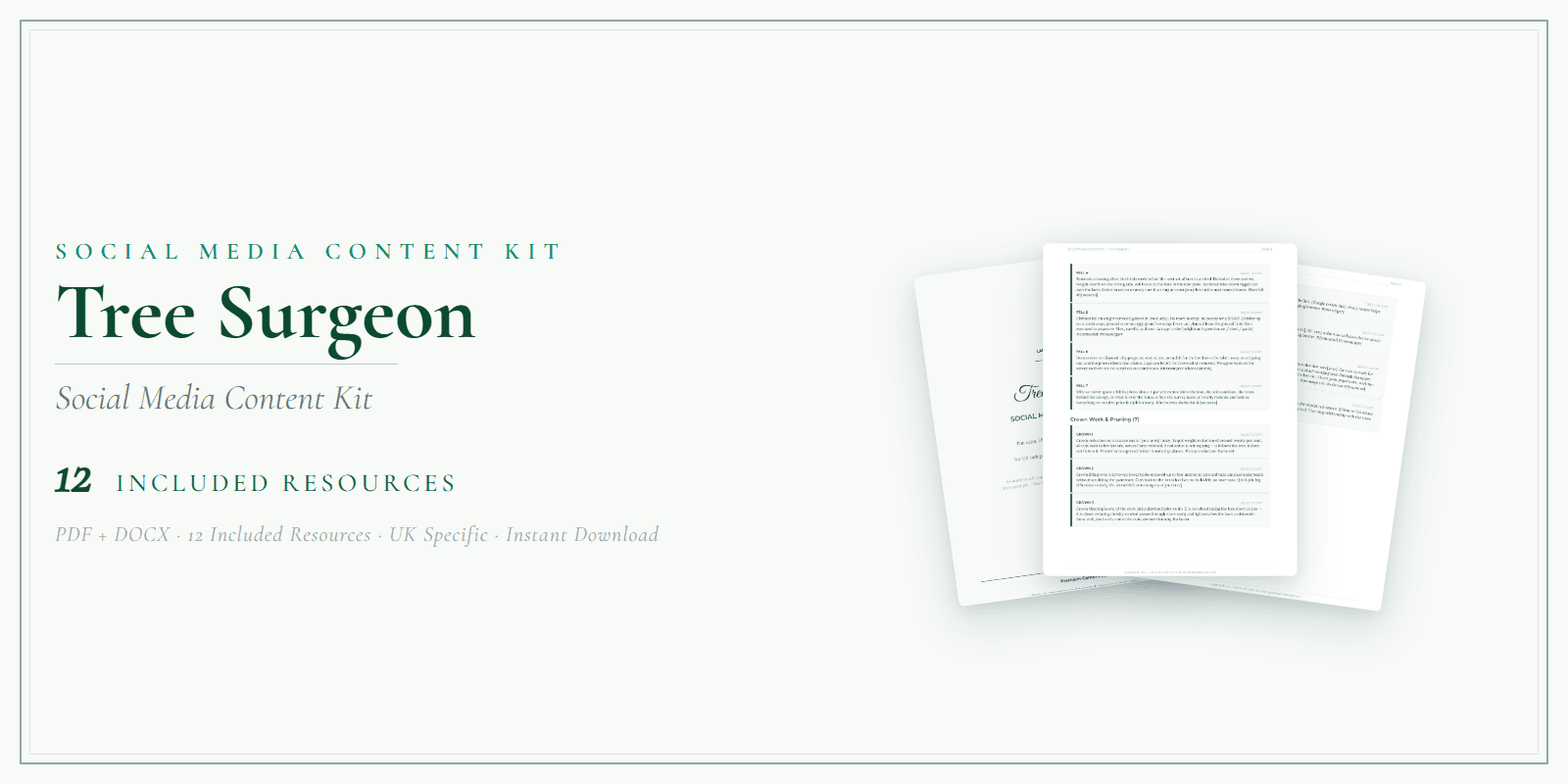 Tree Surgeon — Social Media Content Kit, PDF and editable DOCX product overview