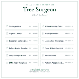 Tree Surgeon — Social Media Content Kit, PDF and editable DOCX what's included preview