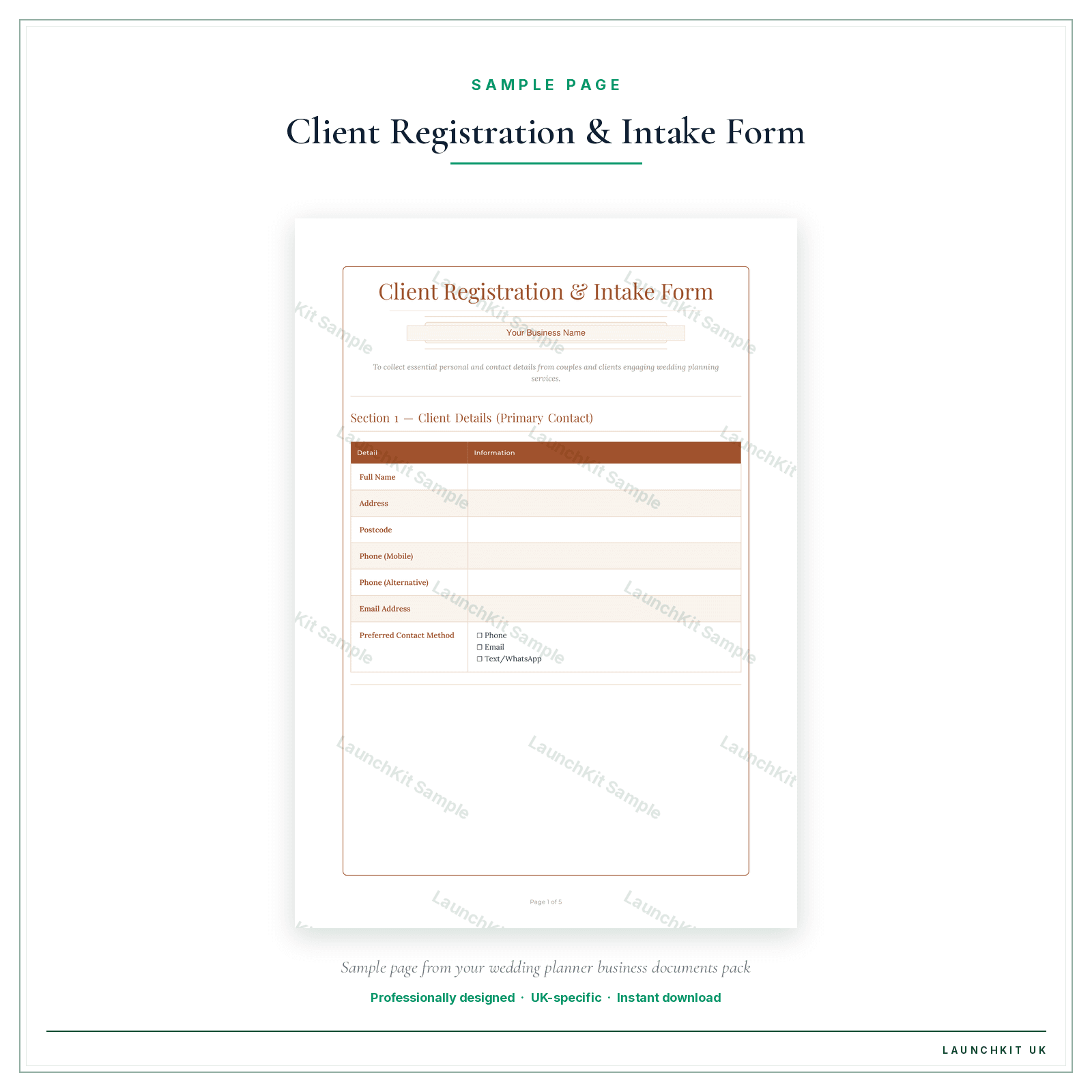 Client Registration & Intake Form sample page from the Wedding Planner Business Documents — Premium pack — watermarked LaunchKit Sample