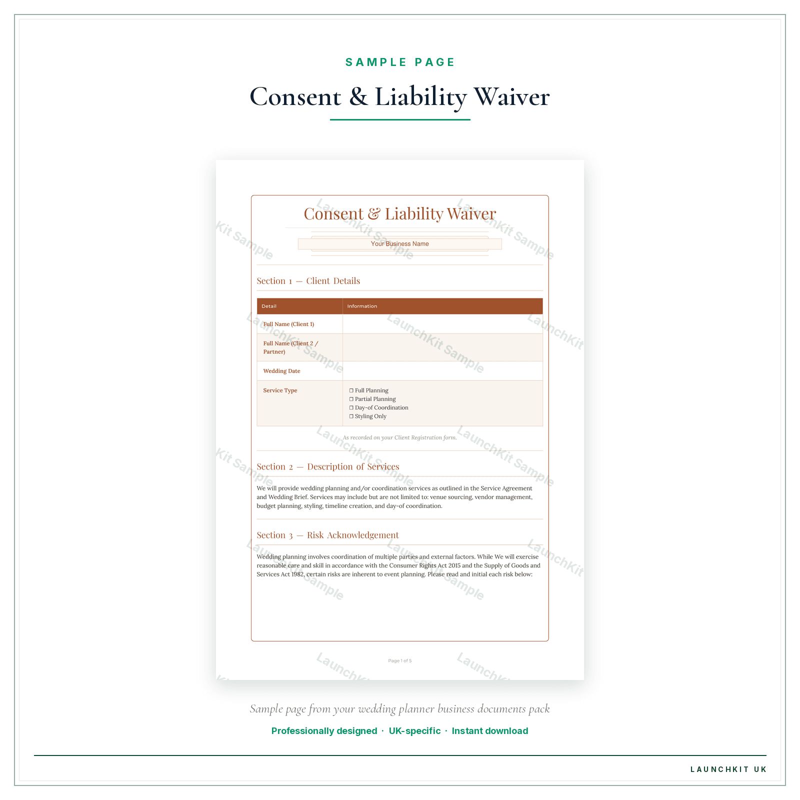 Consent & Liability Waiver sample page from the Wedding Planner Business Documents — Premium pack — watermarked LaunchKit Sample