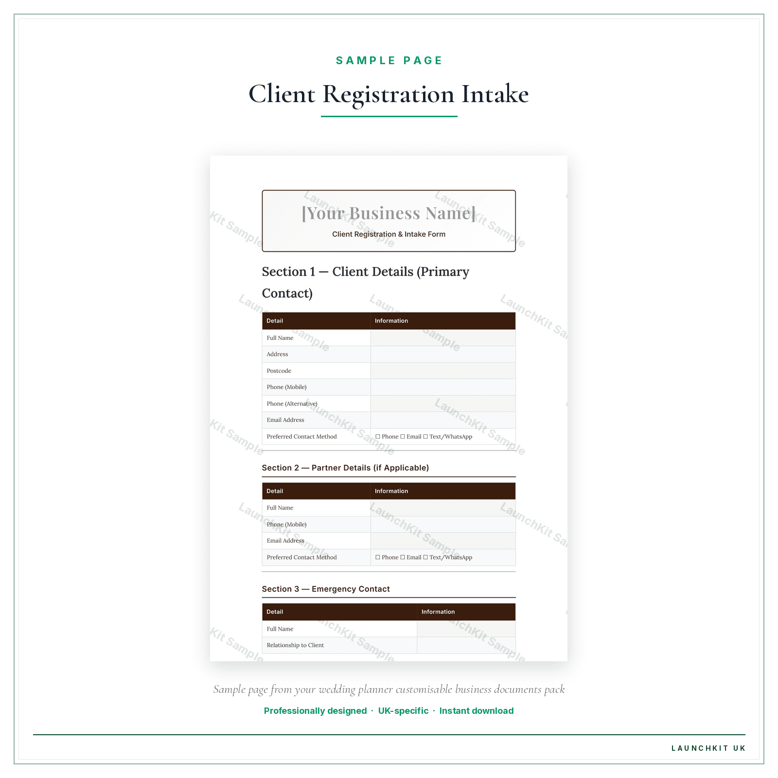 Client Registration & Intake Form sample page from the Wedding Planner Business Documents — Customisable pack — watermarked LaunchKit Sample