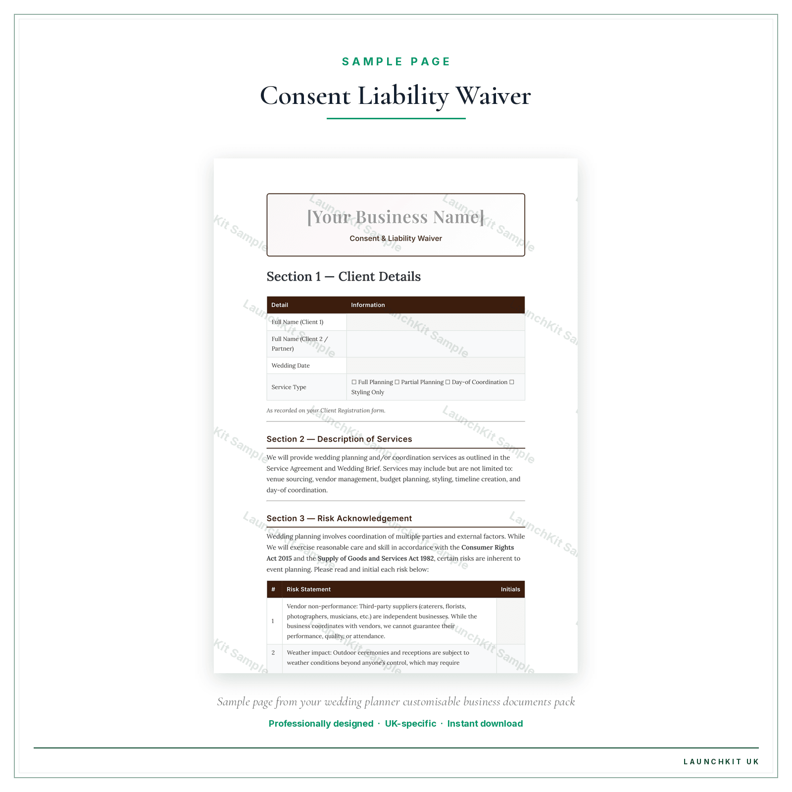 Consent & Liability Waiver sample page from the Wedding Planner Business Documents — Customisable pack — watermarked LaunchKit Sample