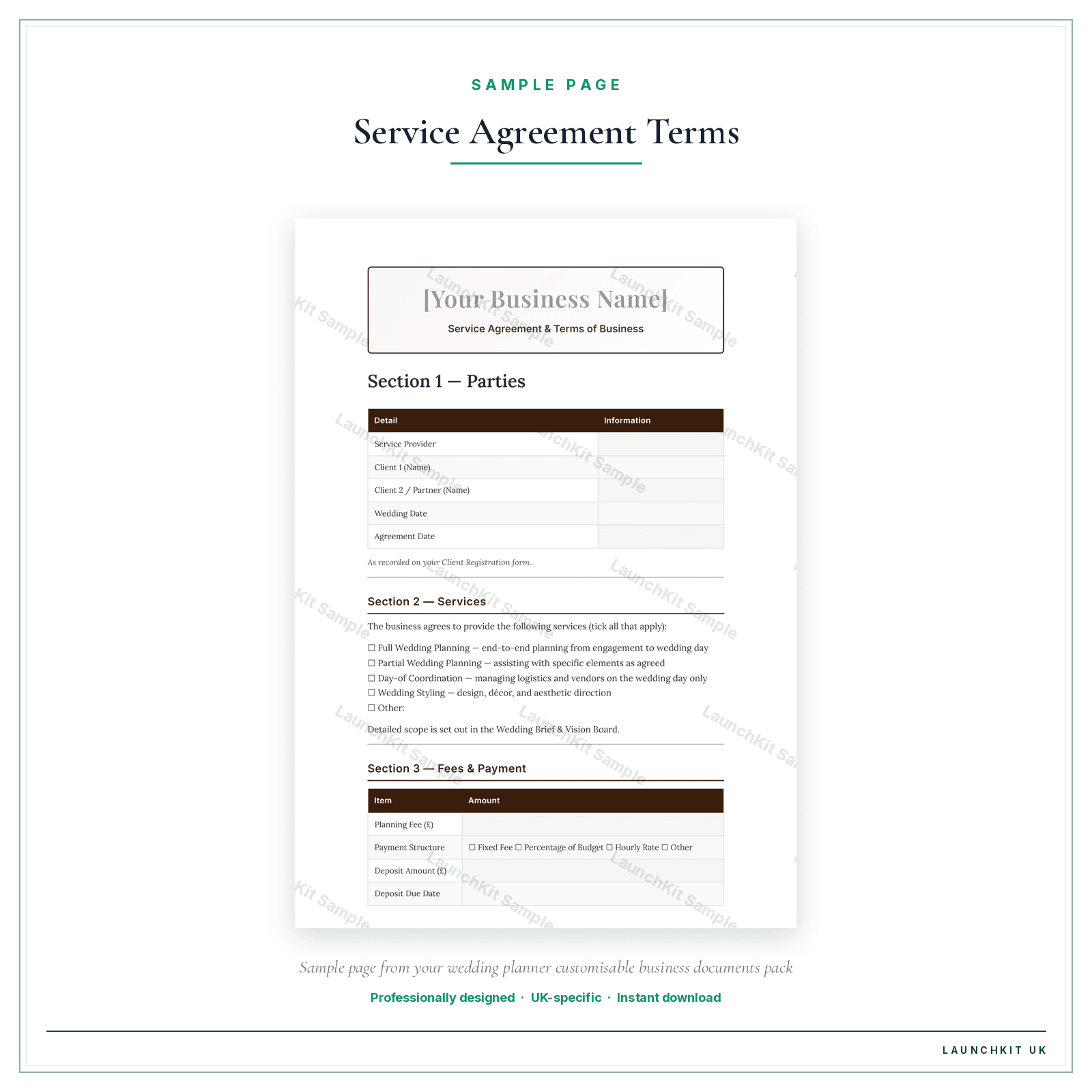 Service Agreement & Terms of Business sample page from the Wedding Planner Business Documents — Customisable pack — watermarked LaunchKit Sample