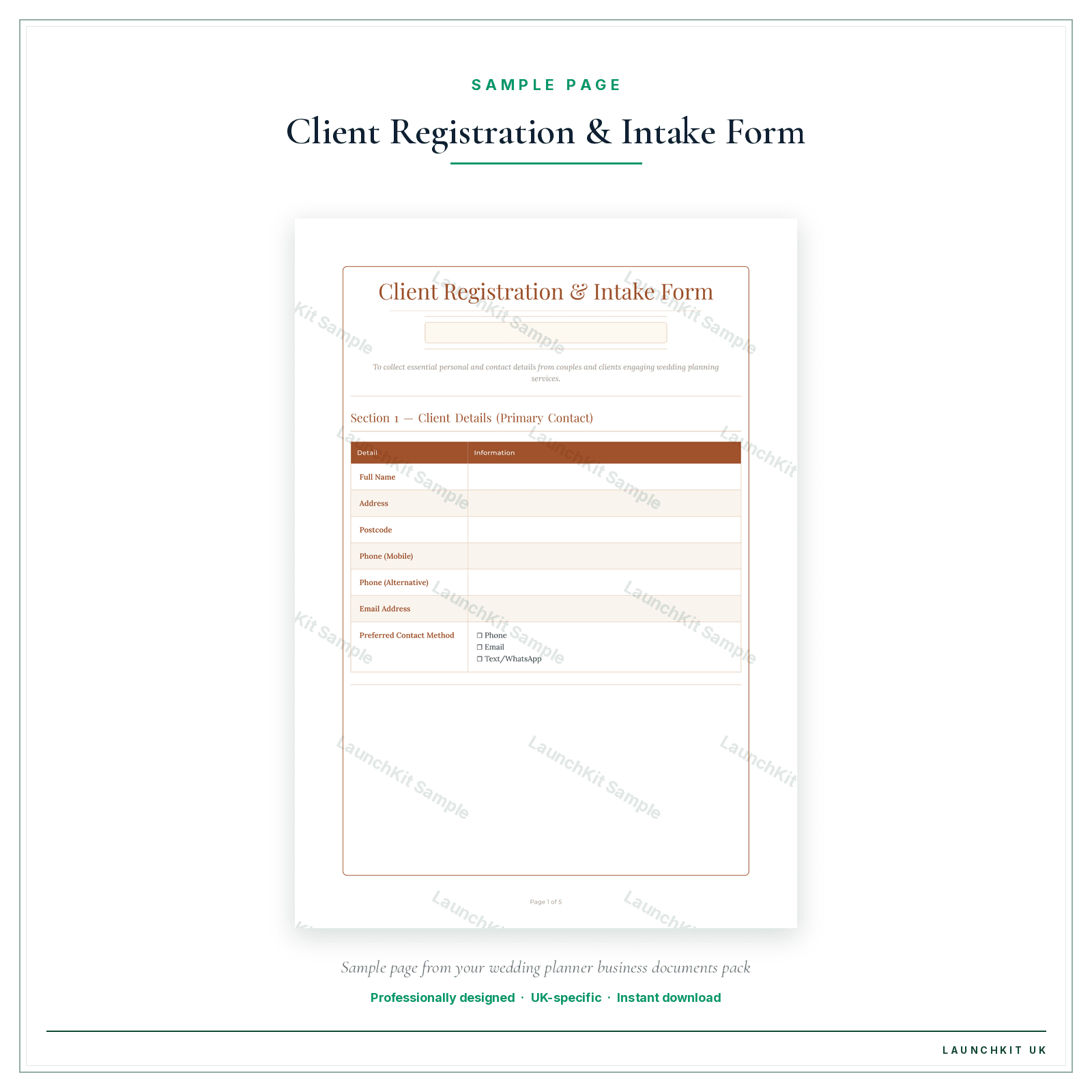 Client Registration & Intake Form sample page from the Wedding Planner Business Documents — Essential pack — watermarked LaunchKit Sample