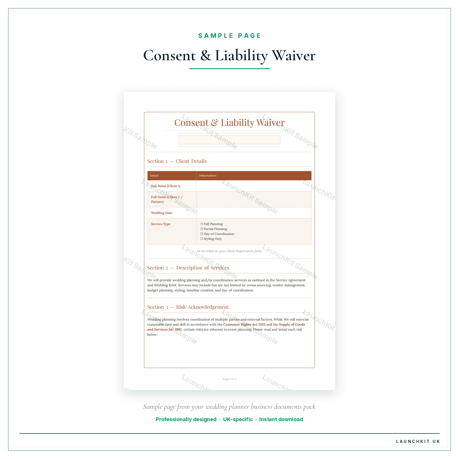 Consent & Liability Waiver sample page from the Wedding Planner Business Documents — Essential pack — watermarked LaunchKit Sample