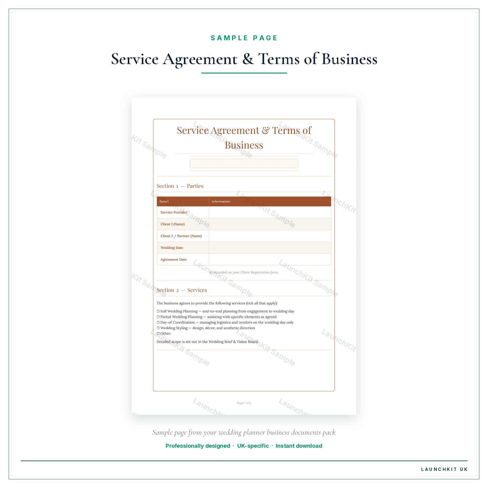 Service Agreement & Terms of Business sample page from the Wedding Planner Business Documents — Essential pack — watermarked LaunchKit Sample