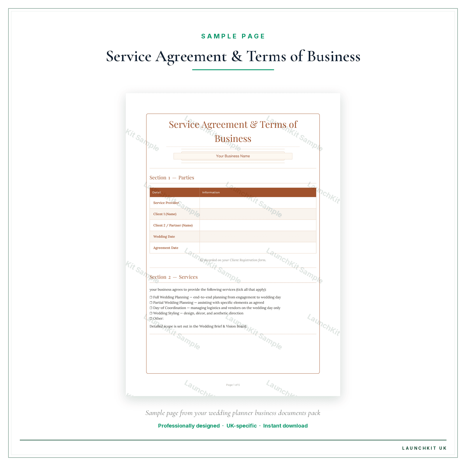 Service Agreement & Terms of Business sample page from the Wedding Planner Business Documents — Standard pack — watermarked LaunchKit Sample