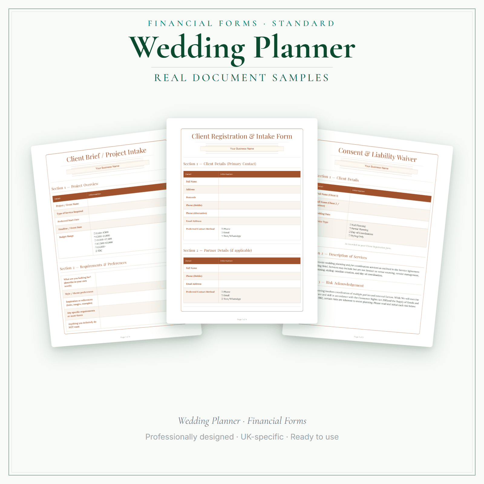 Wedding Planner — Financial Forms Bundle — Standard sample pages preview