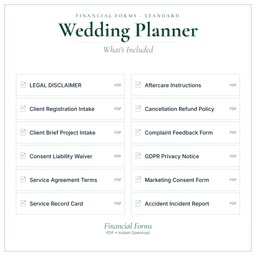 Wedding Planner — Financial Forms Bundle — Standard, PDF with fillable header what's included preview