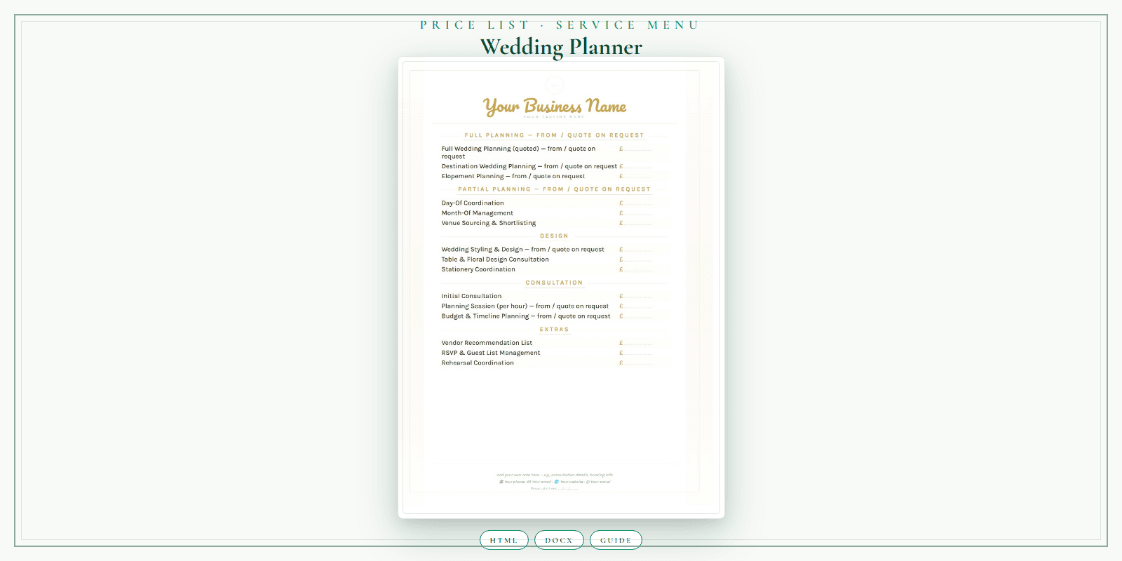Wedding Planner — Price List & Service Menu, PDF product overview
