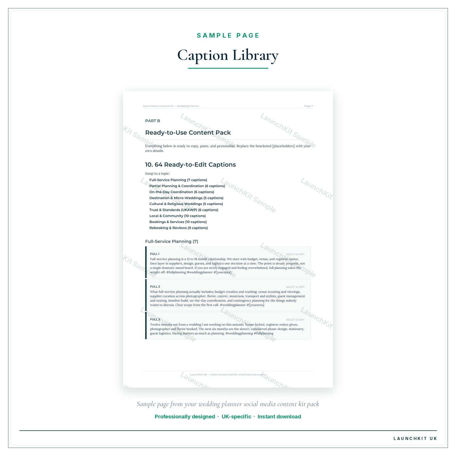 Caption Library sample page from the Wedding Planner Social Media Content Kit pack — watermarked LaunchKit Sample