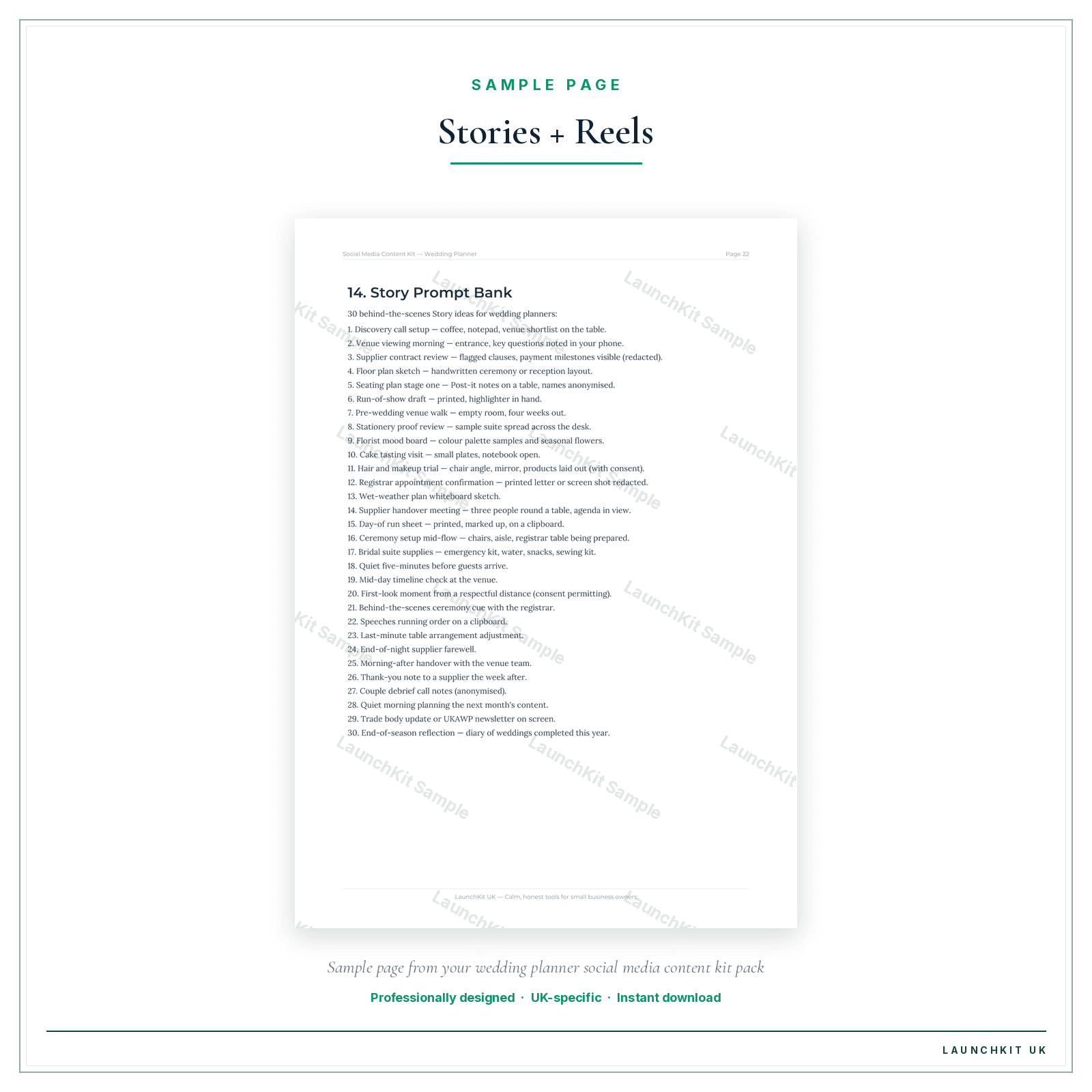 Stories + Reels sample page from the Wedding Planner Social Media Content Kit pack — watermarked LaunchKit Sample