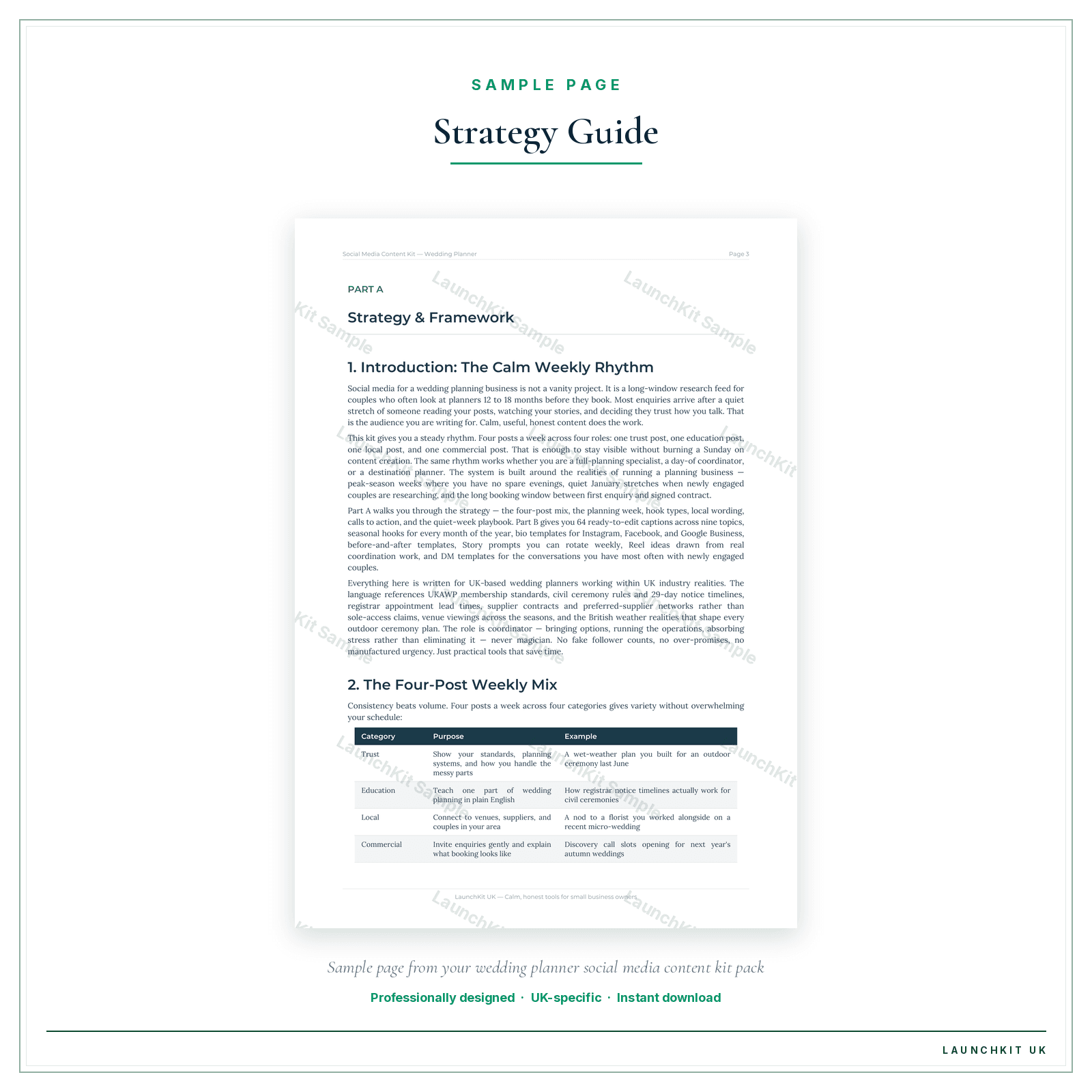 Strategy Guide sample page from the Wedding Planner Social Media Content Kit pack — watermarked LaunchKit Sample