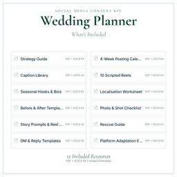 Wedding Planner — Social Media Content Kit, PDF and editable DOCX what's included preview