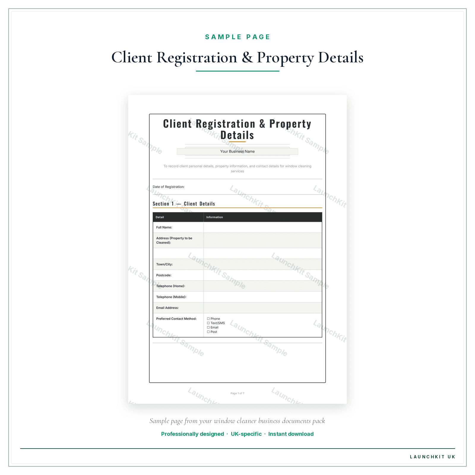 Client Registration & Property Details sample page from the Window Cleaner Business Documents — Premium pack — watermarked LaunchKit Sample
