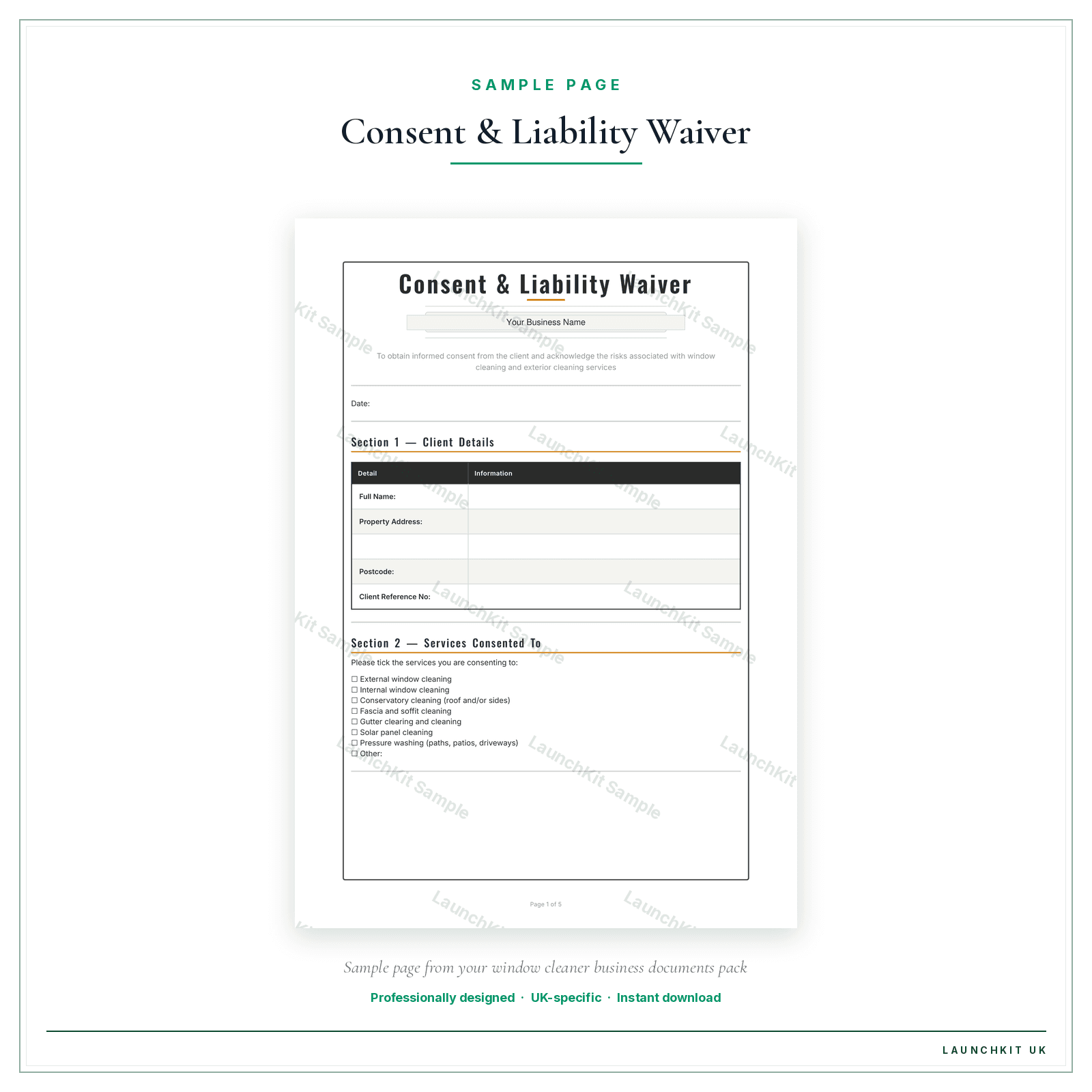 Consent & Liability Waiver sample page from the Window Cleaner Business Documents — Premium pack — watermarked LaunchKit Sample