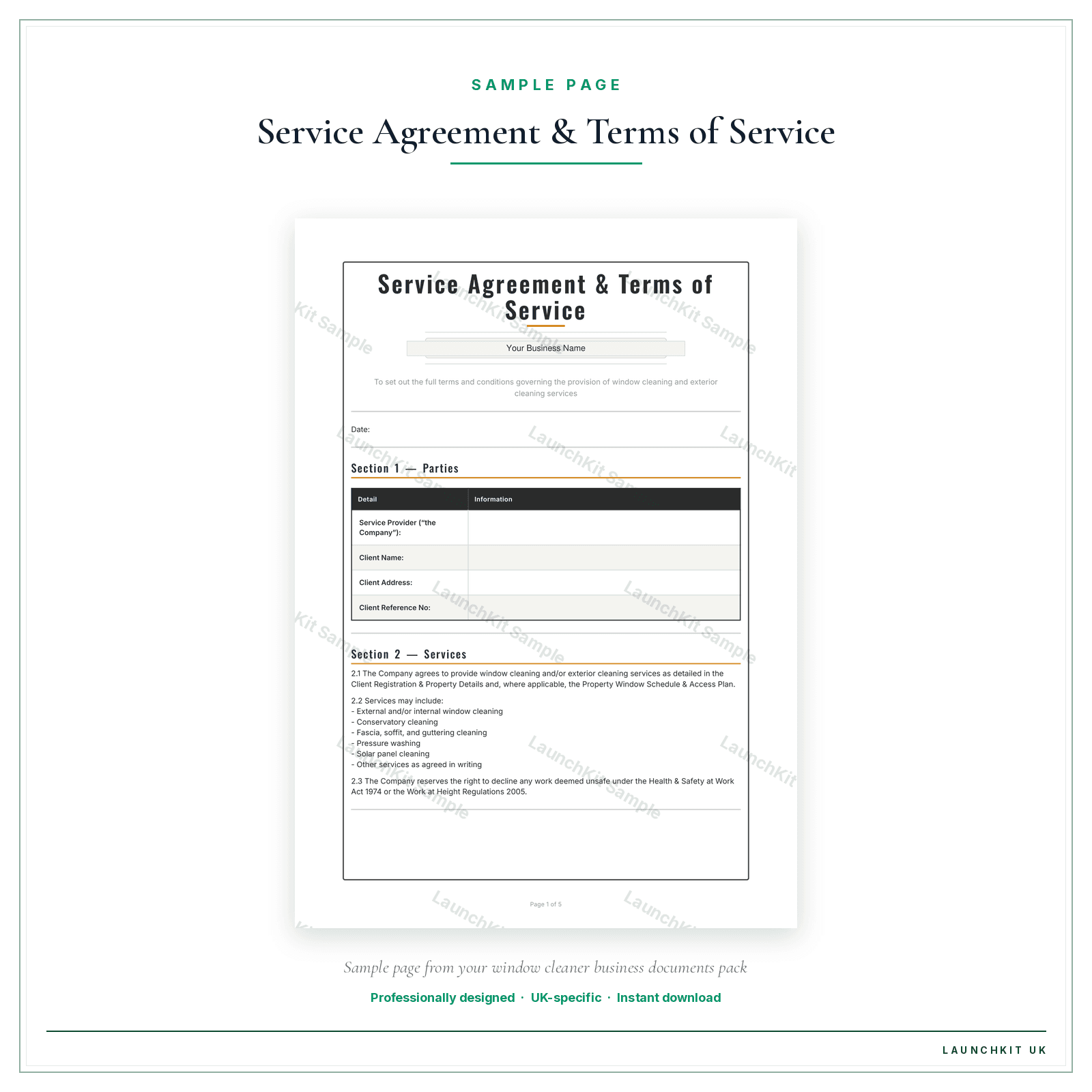 Service Agreement & Terms of Service sample page from the Window Cleaner Business Documents — Premium pack — watermarked LaunchKit Sample