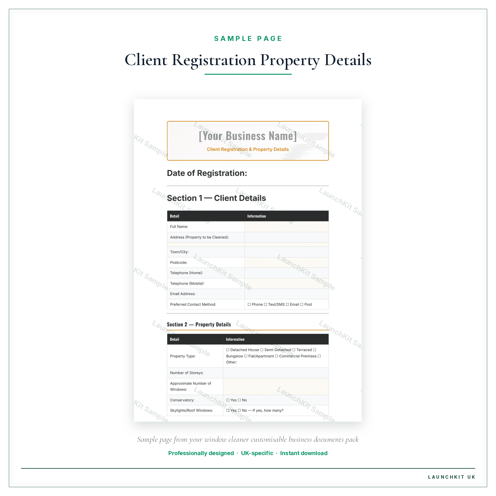 Client Registration & Property Details sample page from the Window Cleaner Business Documents — Customisable pack — watermarked LaunchKit Sample