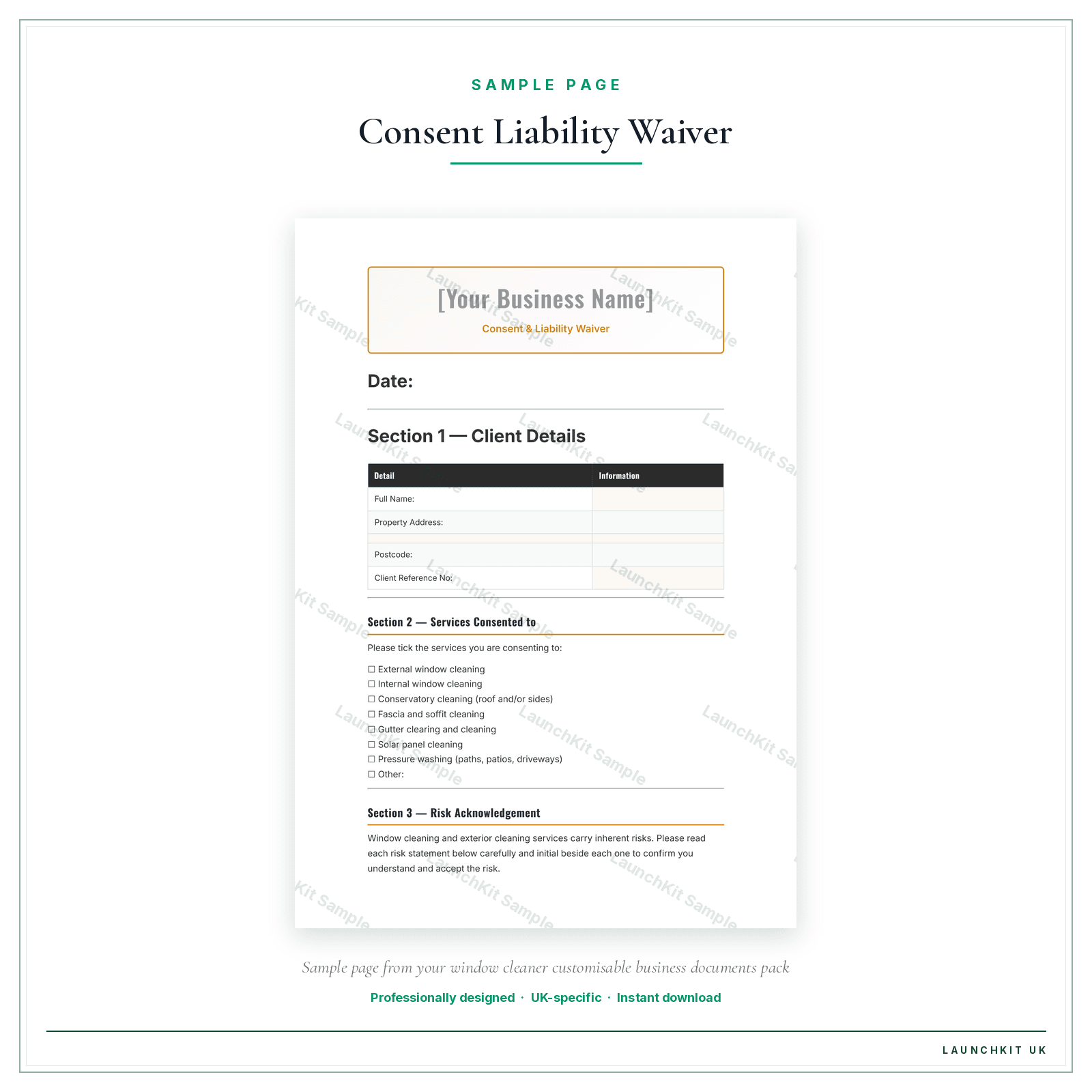 Consent & Liability Waiver sample page from the Window Cleaner Business Documents — Customisable pack — watermarked LaunchKit Sample