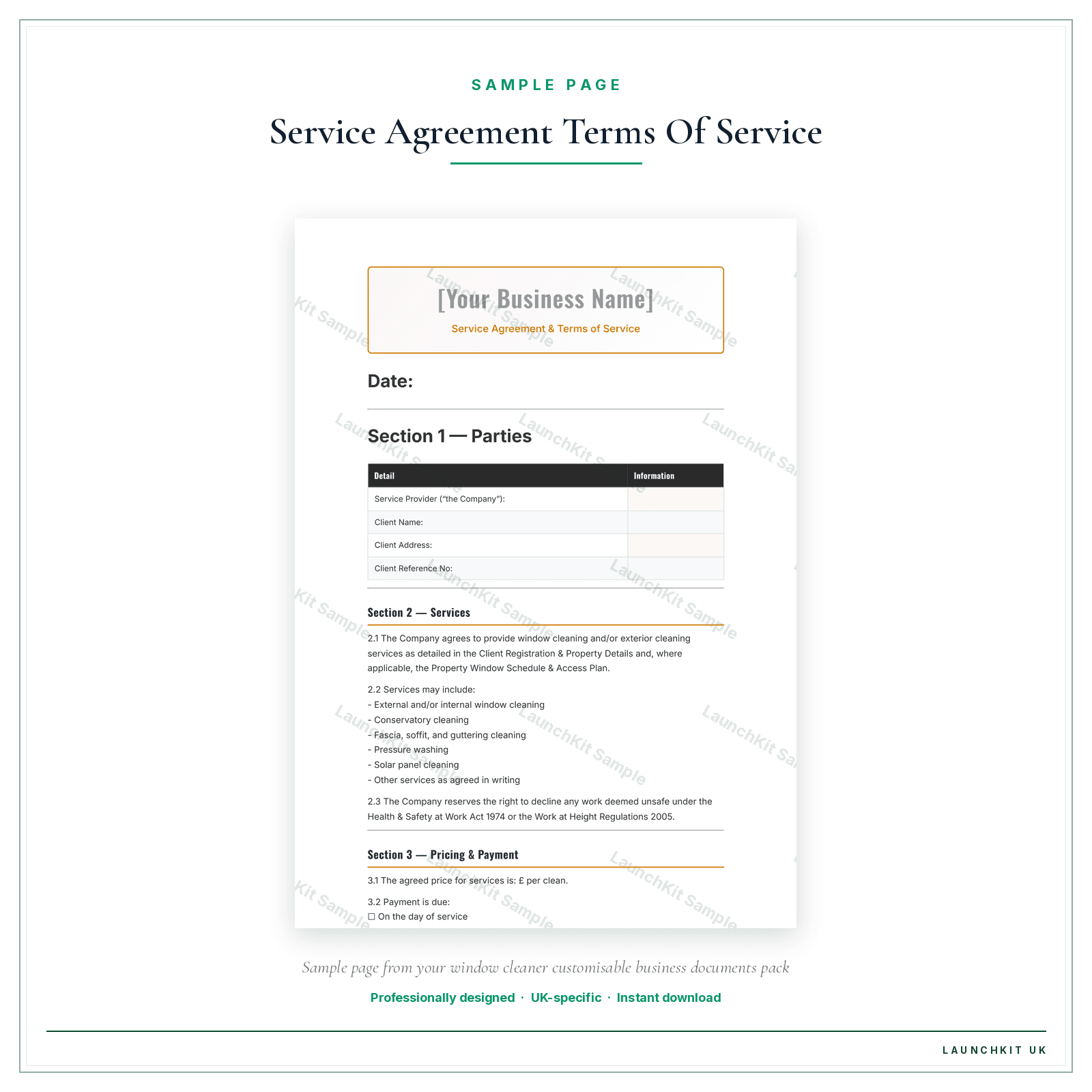 Service Agreement & Terms of Service sample page from the Window Cleaner Business Documents — Customisable pack — watermarked LaunchKit Sample