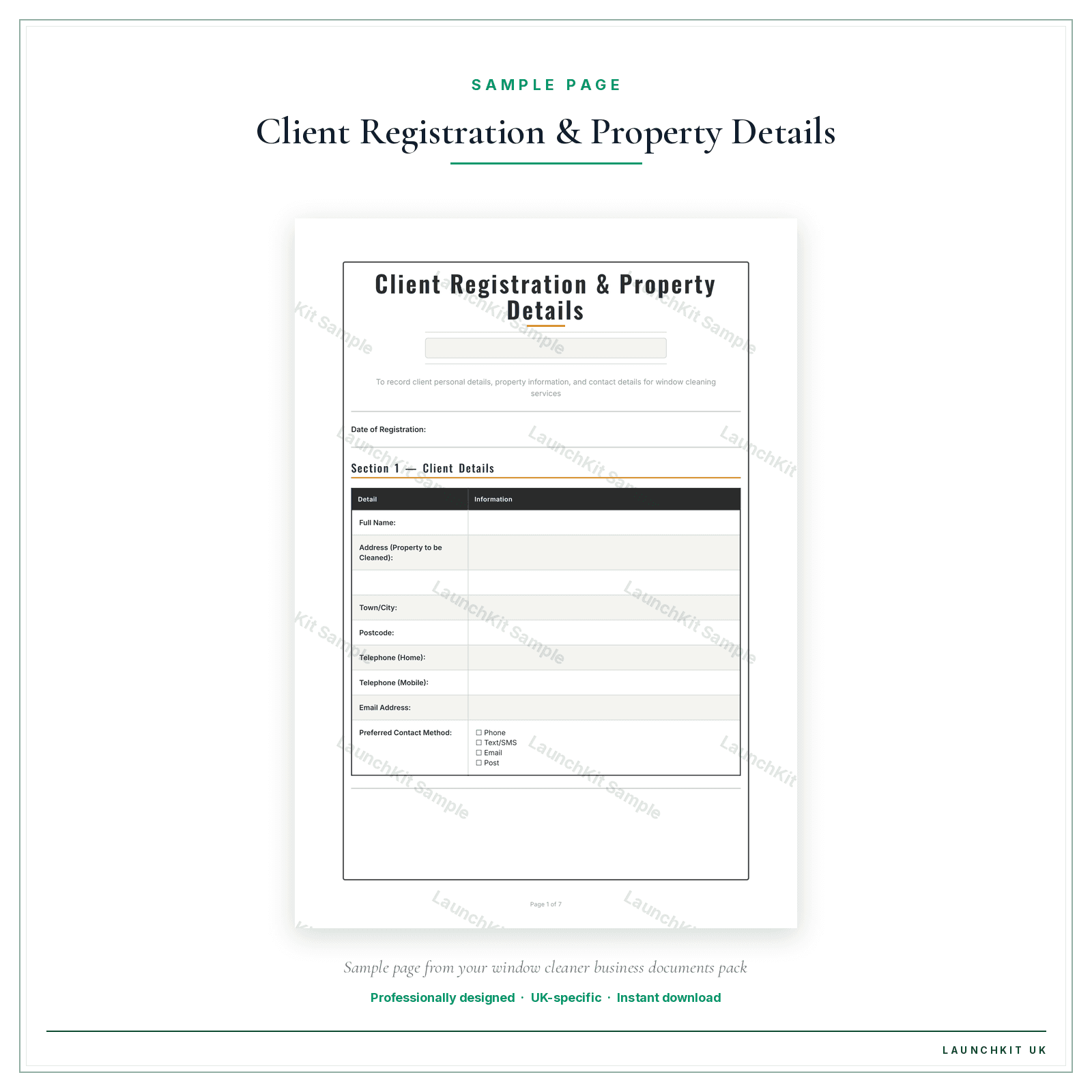 Client Registration & Property Details sample page from the Window Cleaner Business Documents — Essential pack — watermarked LaunchKit Sample