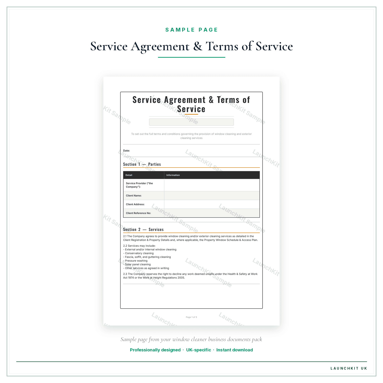 Service Agreement & Terms of Service sample page from the Window Cleaner Business Documents — Essential pack — watermarked LaunchKit Sample