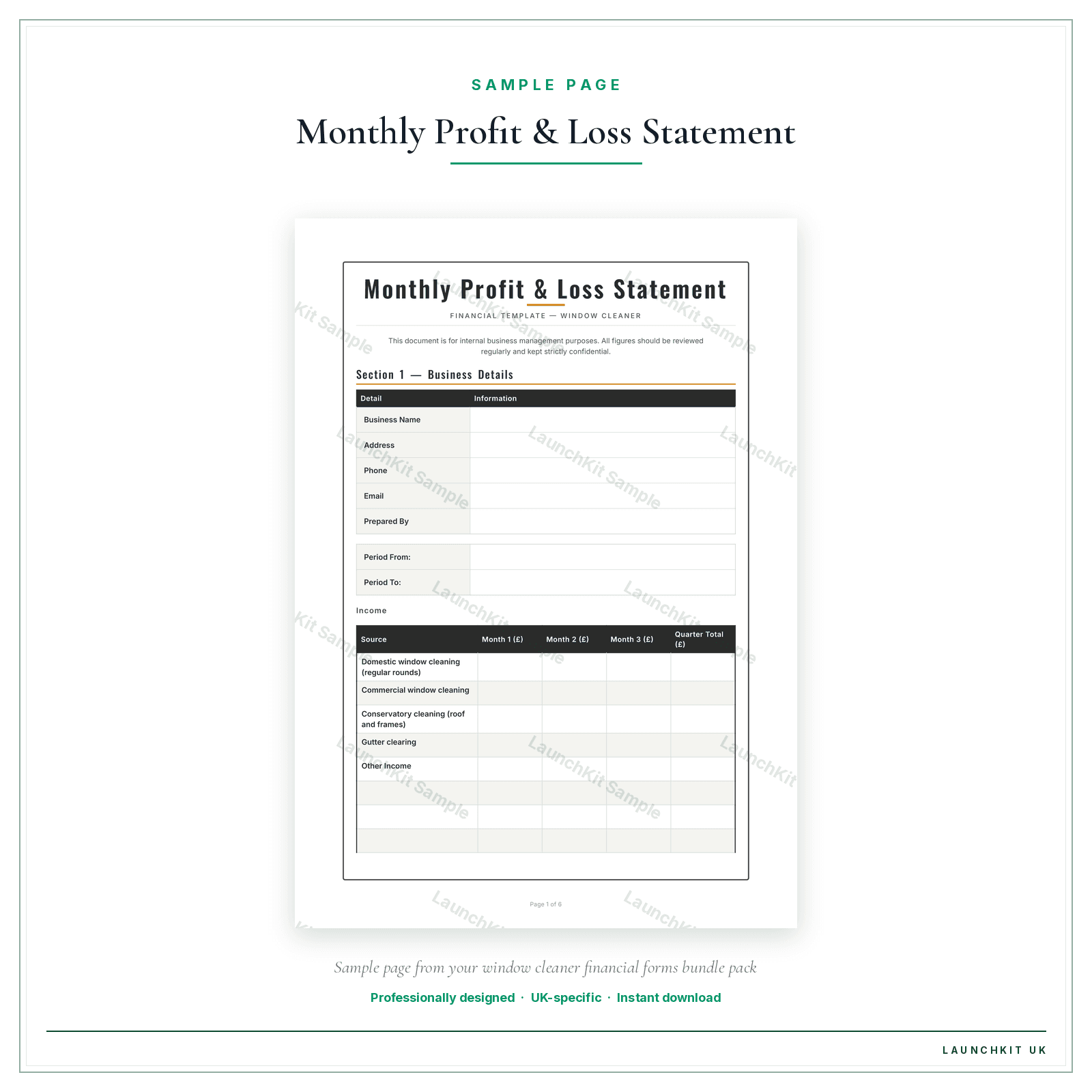 Monthly Profit & Loss Statement sample page from the Window Cleaner Financial Forms Bundle — Premium pack — watermarked LaunchKit Sample