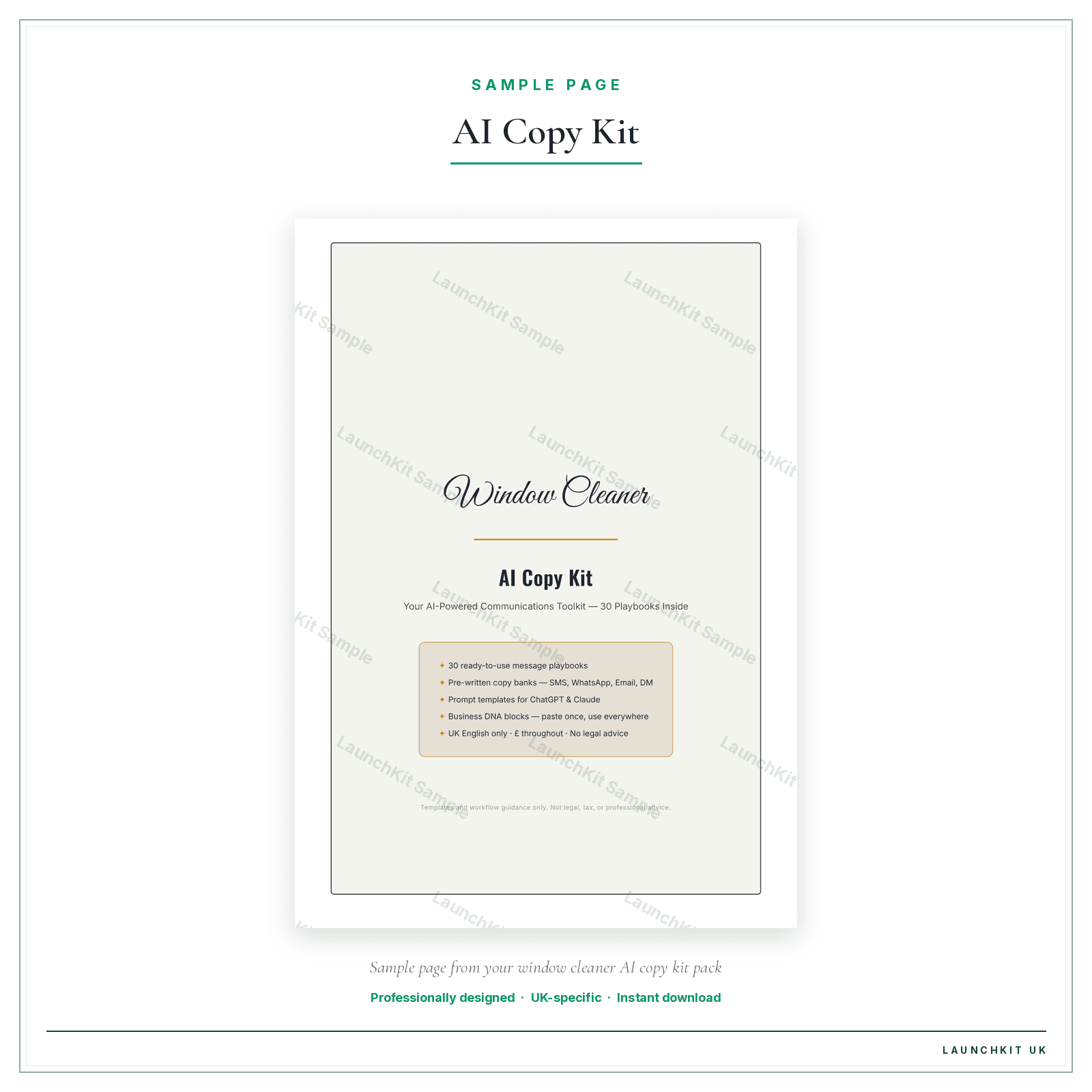 AI Copy Kit sample page from the Window Cleaner AI Copy Kit pack — watermarked LaunchKit Sample
