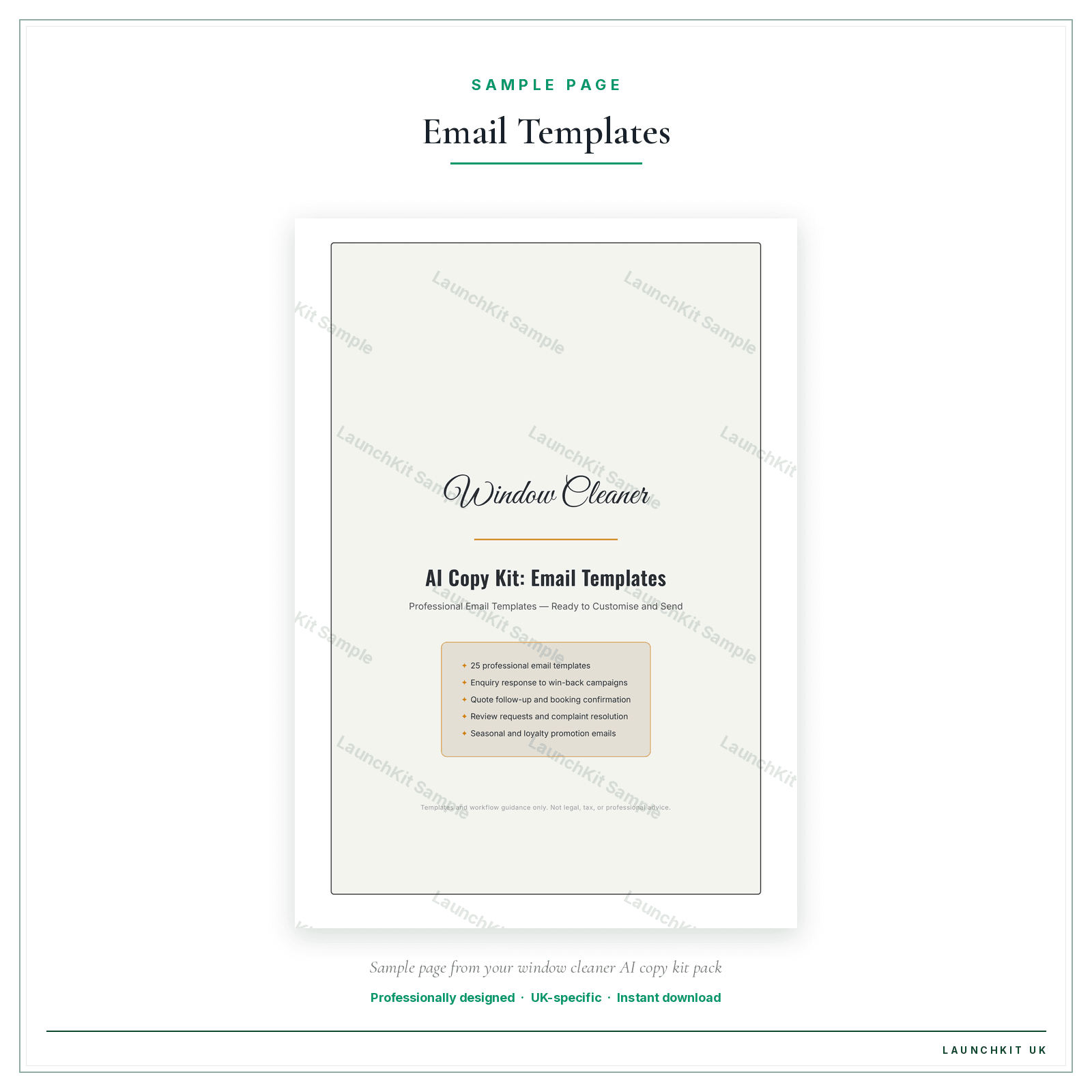 Email Templates sample page from the Window Cleaner AI Copy Kit pack — watermarked LaunchKit Sample