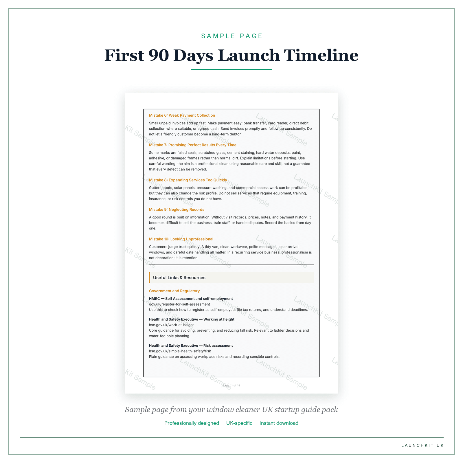First 90 Days Launch Timeline sample page from the Window Cleaner Startup Guide pack — watermarked LaunchKit Sample