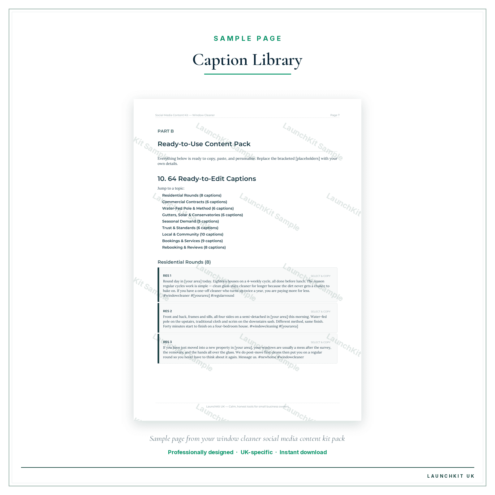 Caption Library sample page from the Window Cleaner Social Media Content Kit pack — watermarked LaunchKit Sample