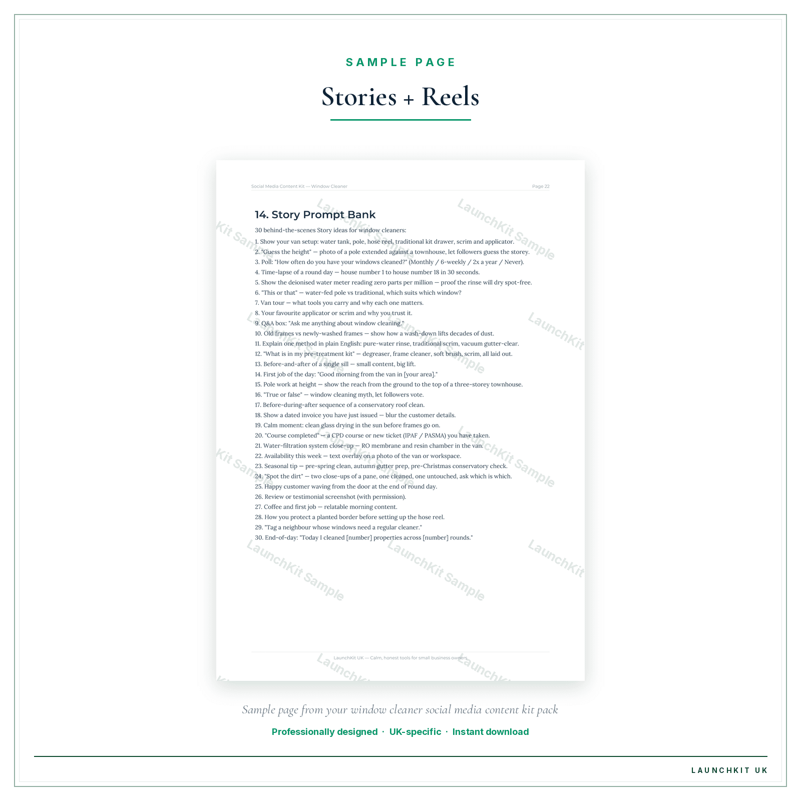 Stories + Reels sample page from the Window Cleaner Social Media Content Kit pack — watermarked LaunchKit Sample