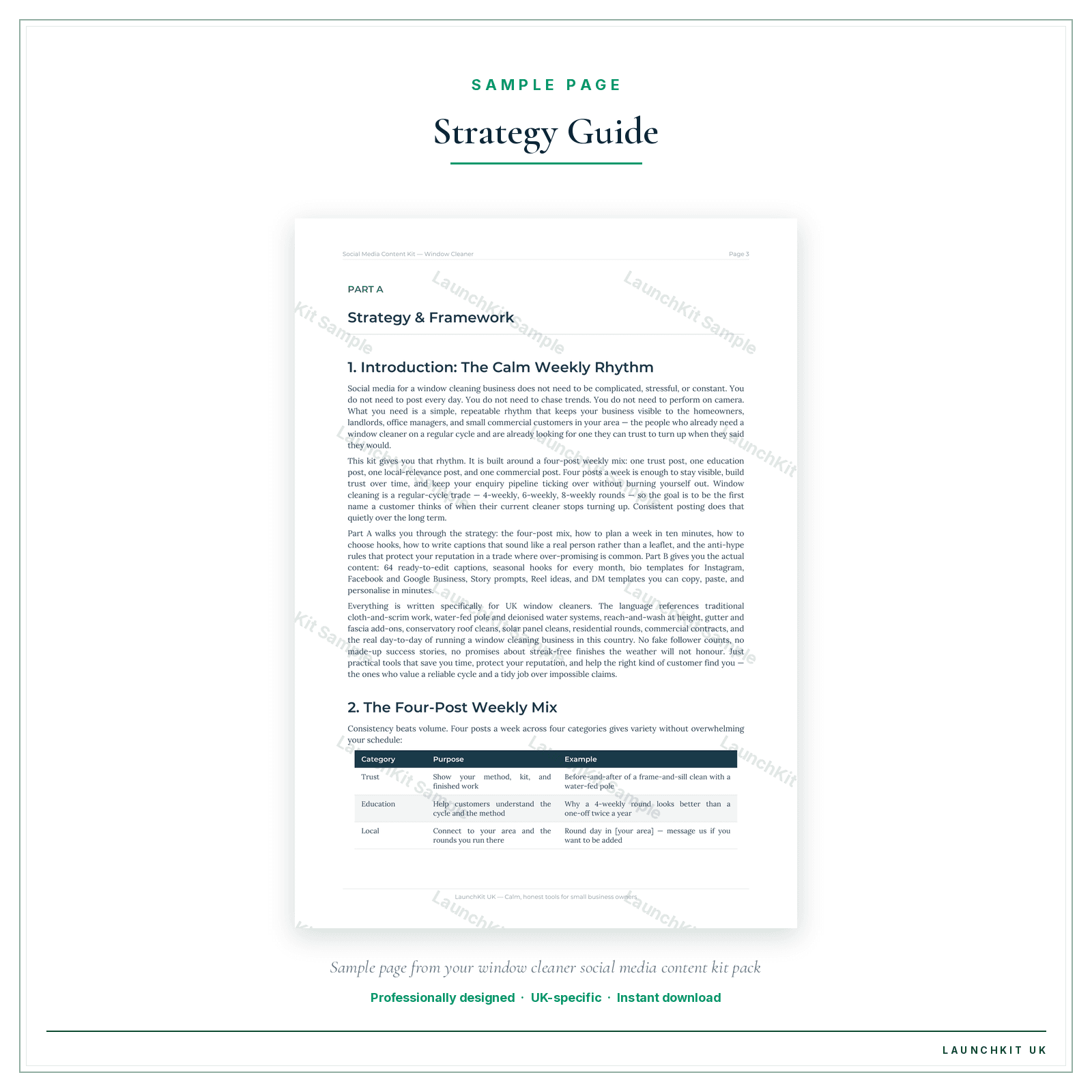 Strategy Guide sample page from the Window Cleaner Social Media Content Kit pack — watermarked LaunchKit Sample