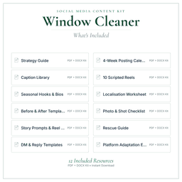 Window Cleaner — Social Media Content Kit, PDF and editable DOCX what's included preview