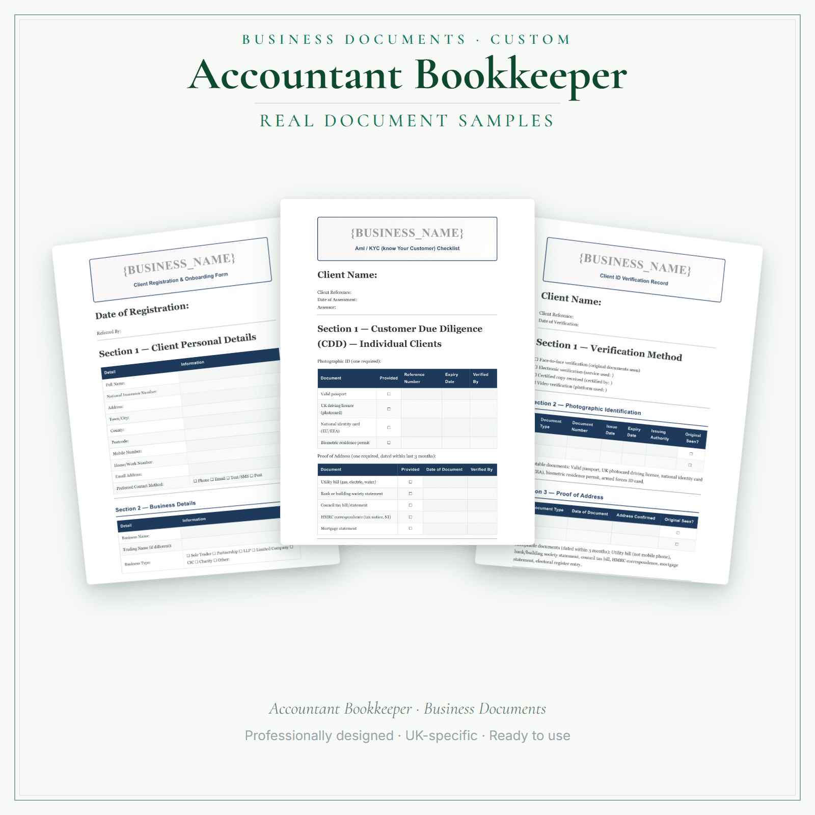 Accountant Bookkeeper — Business Documents — Customisable sample pages preview