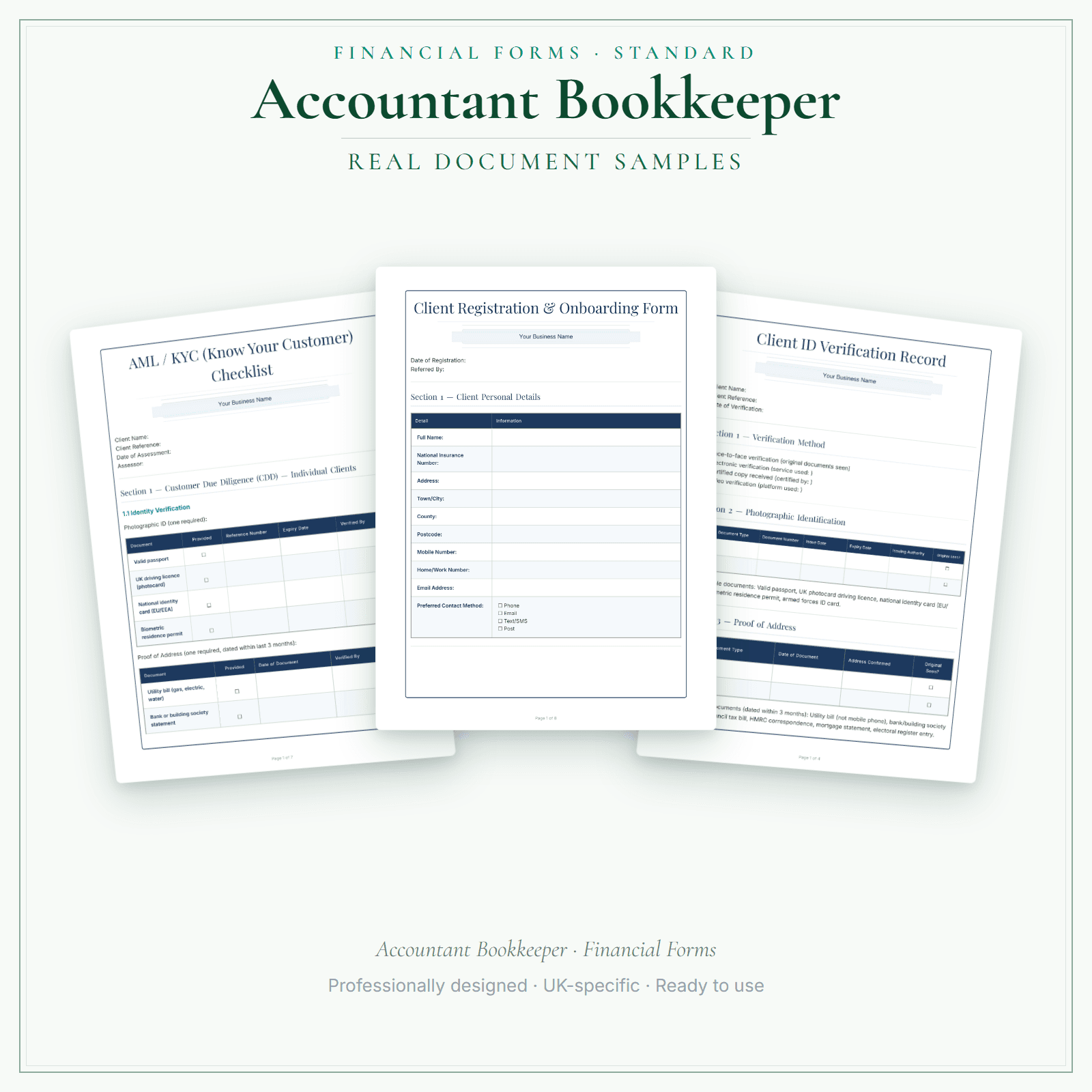 Accountant Bookkeeper — Financial Forms Bundle — Standard sample pages preview