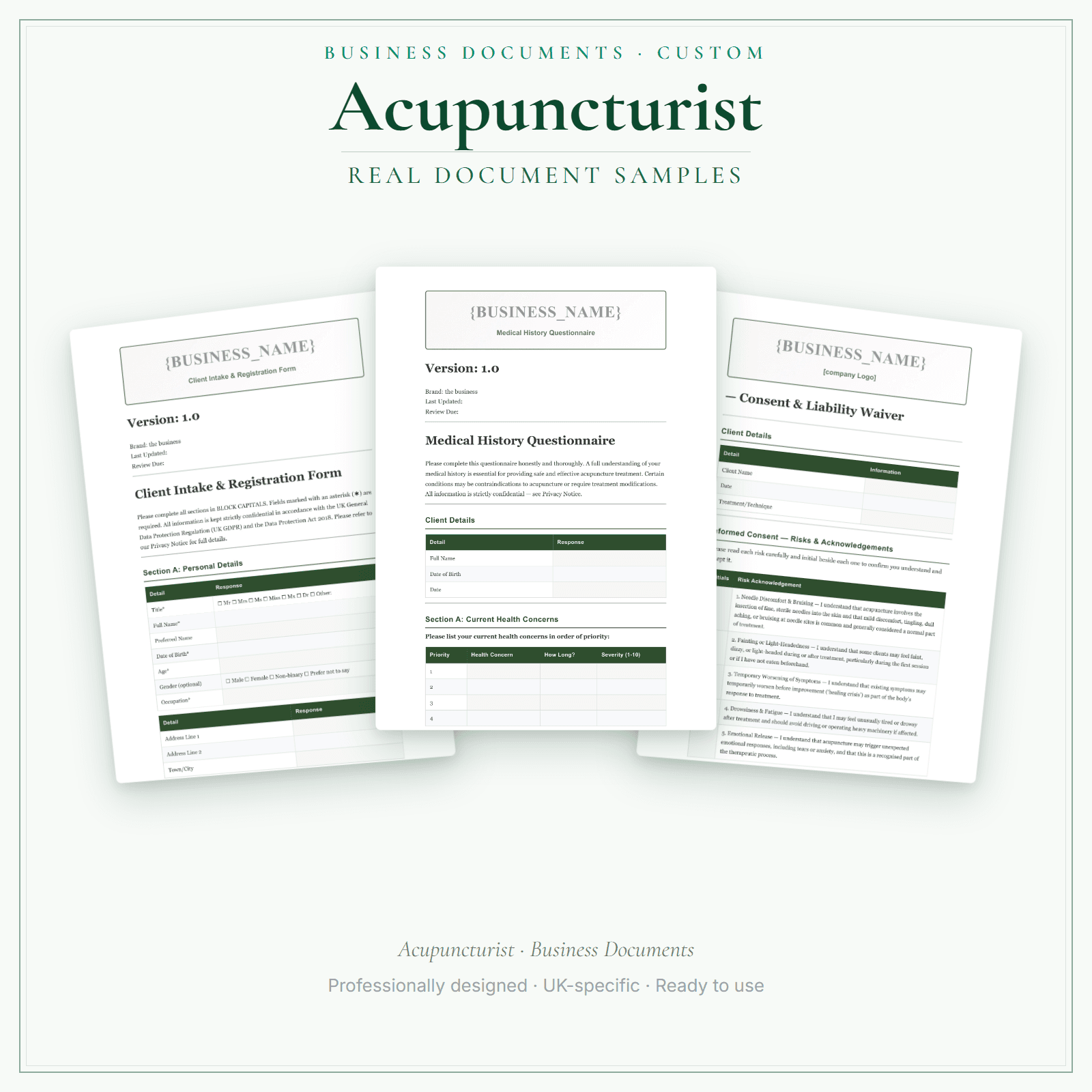 Acupuncturist — Business Documents — Customisable sample pages preview