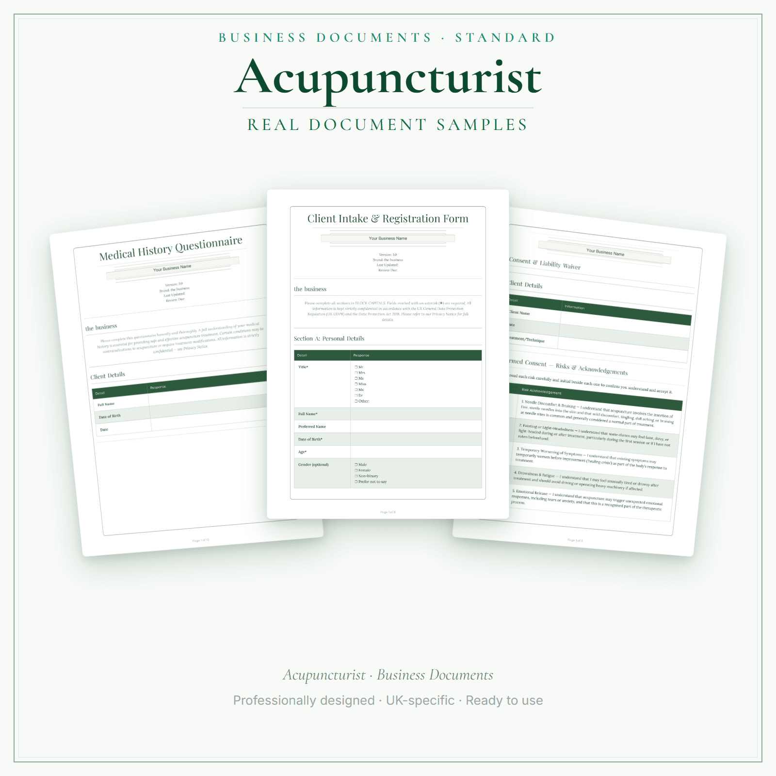 Acupuncturist — Business Documents — Standard sample pages preview