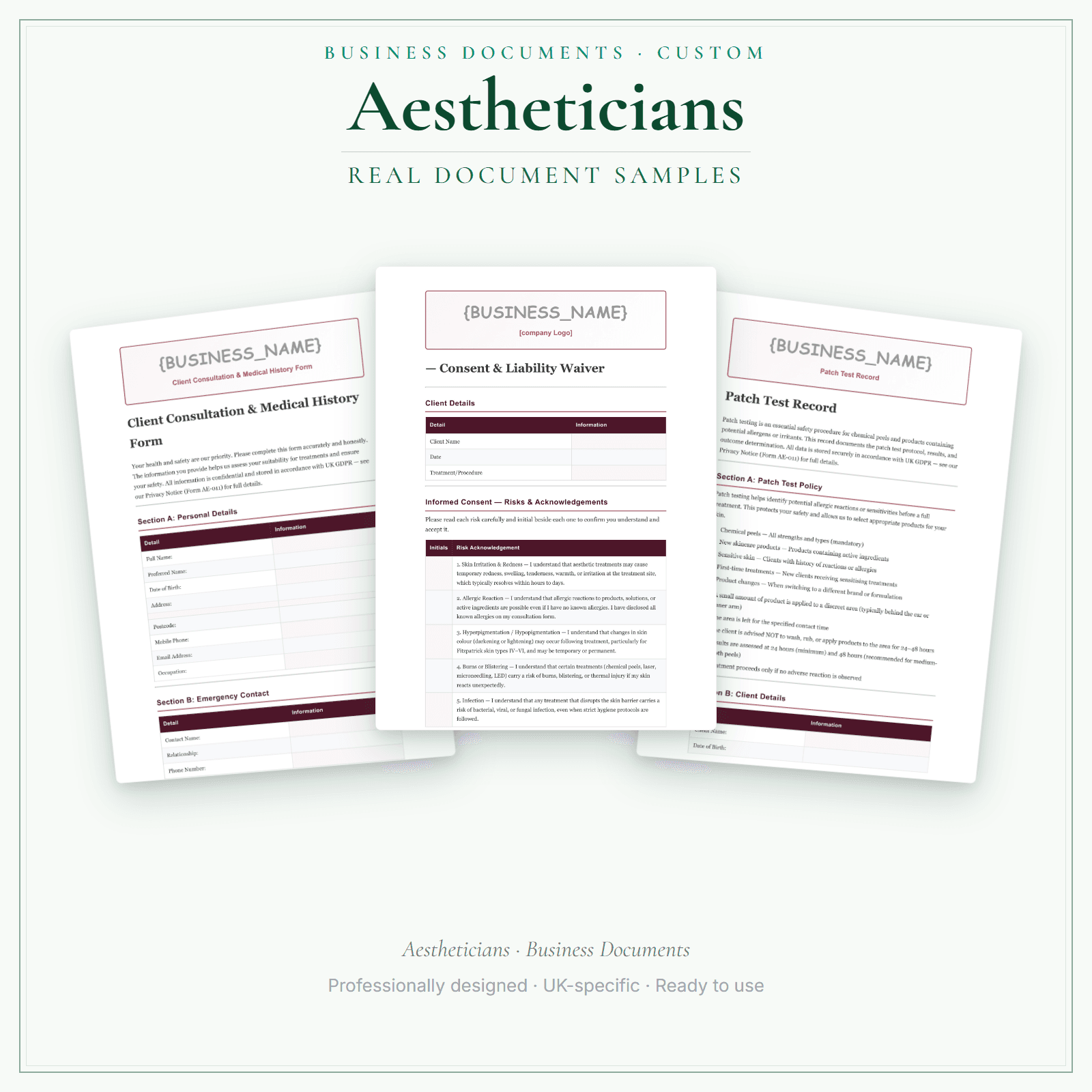Aestheticians — Business Documents — Customisable sample pages preview