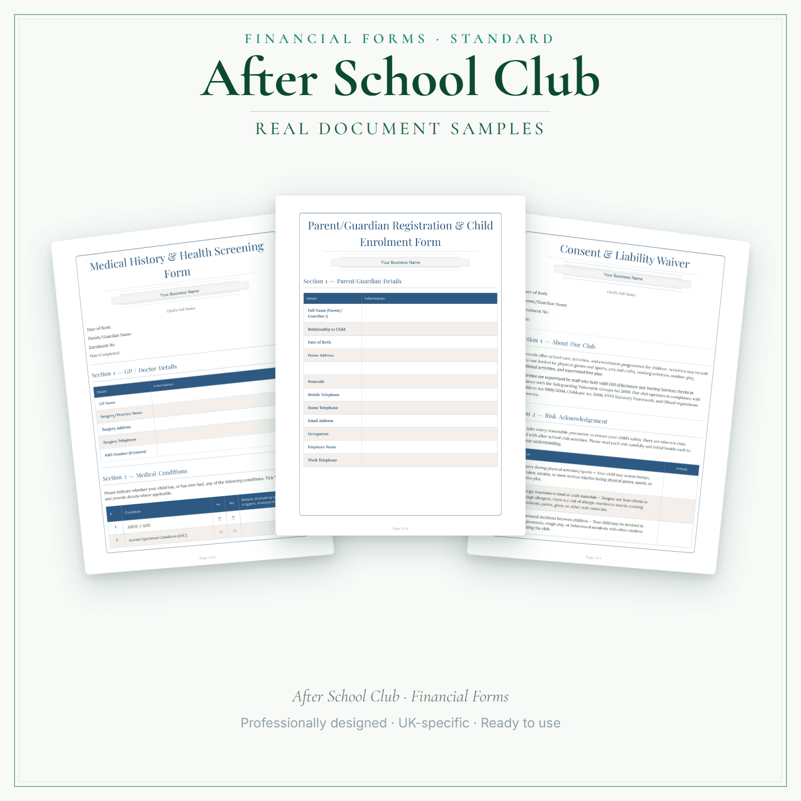 After School Club — Financial Forms Bundle — Standard sample pages preview