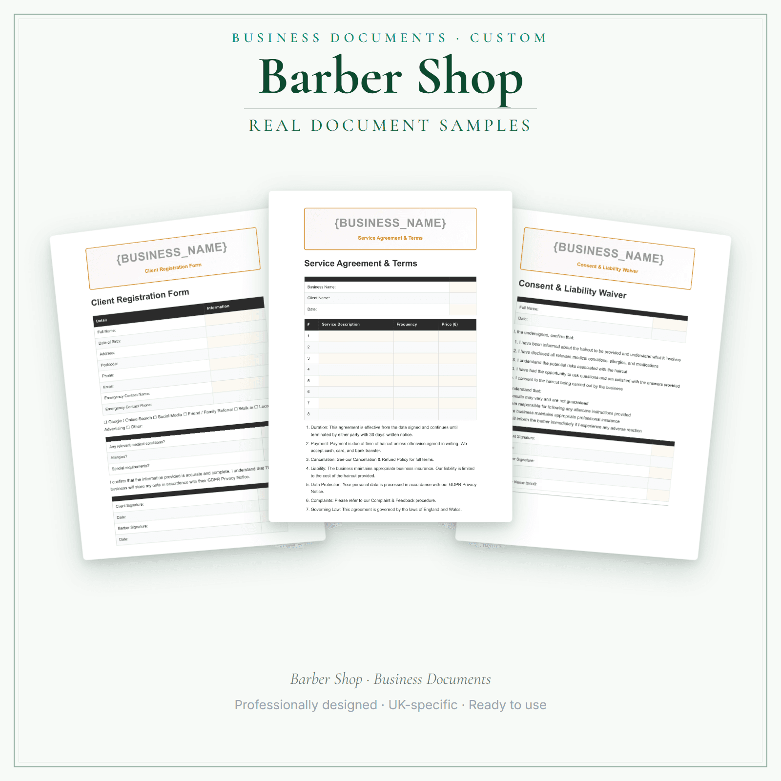 Barber Shop — Business Documents — Customisable sample pages preview