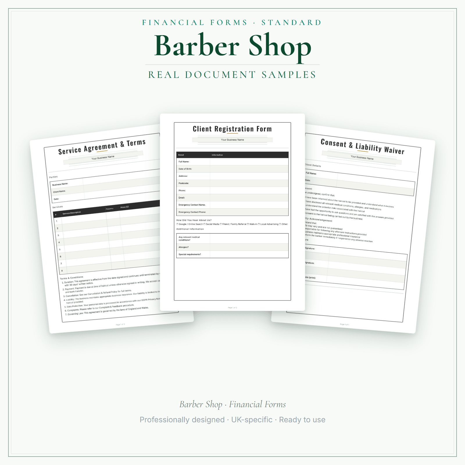 Barber Shop — Financial Forms Bundle — Standard sample pages preview
