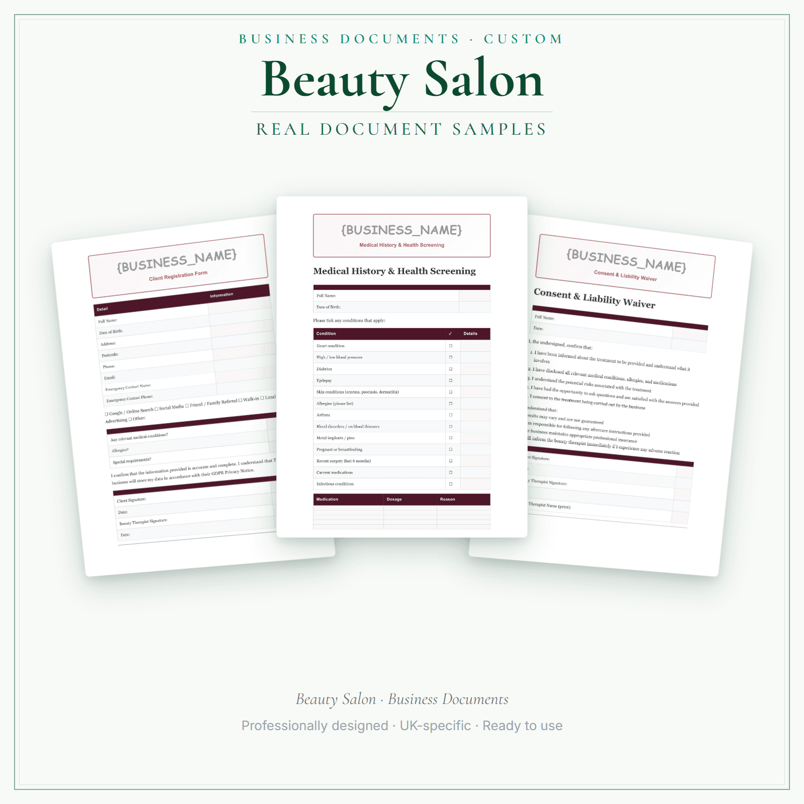 Beauty Salon — Business Documents — Customisable sample pages preview