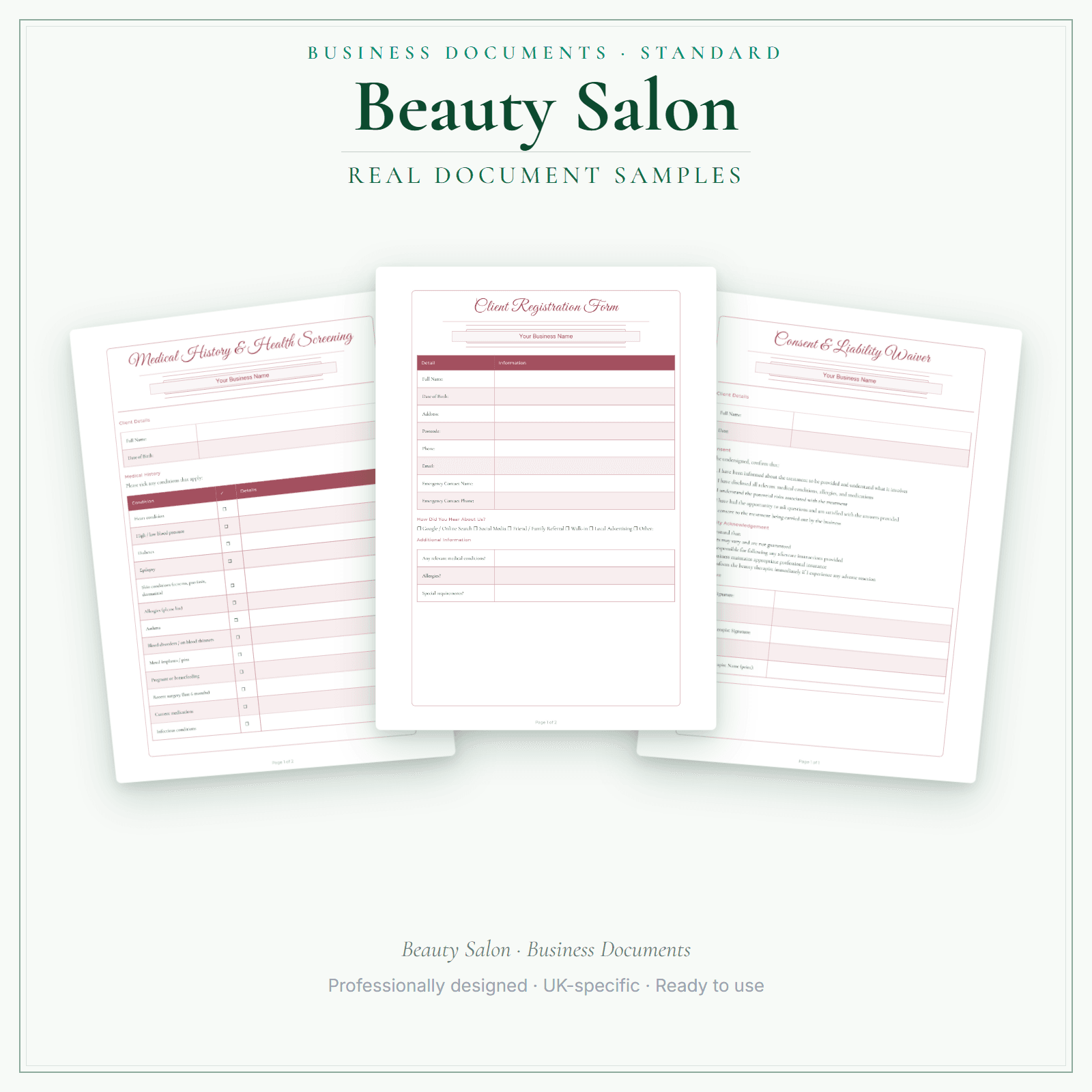 Beauty Salon — Business Documents — Standard sample pages preview