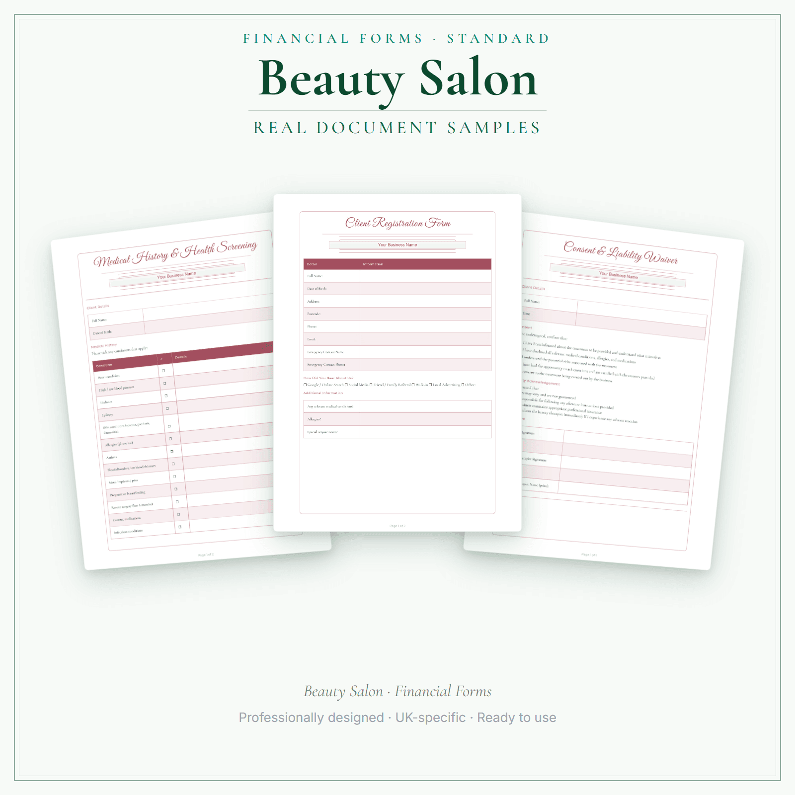 Beauty Salon — Financial Forms Bundle — Standard sample pages preview